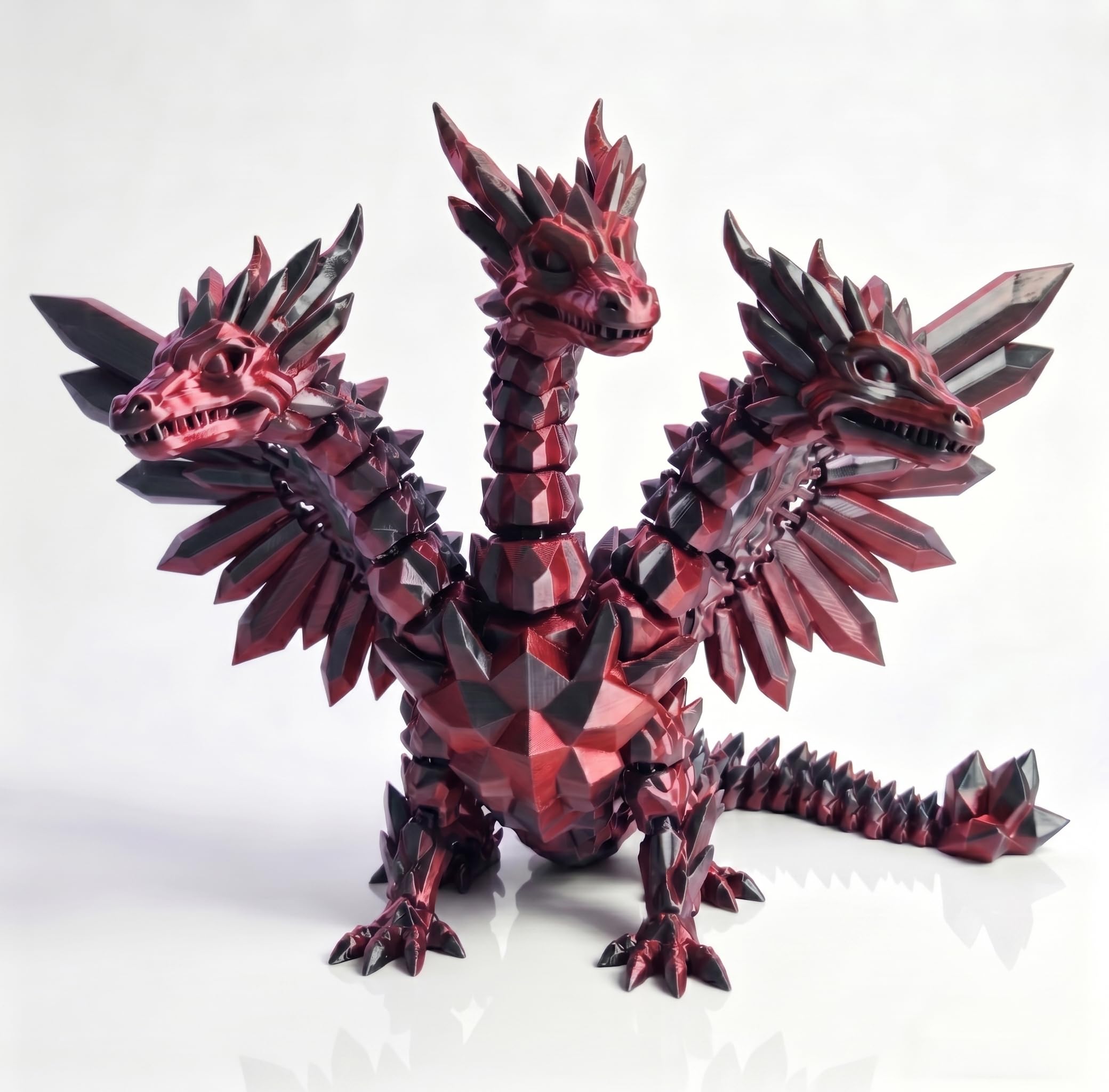 3D Printed Articulated Three-Headed Crystal Dragon with Wings, Flexible Fidget Toy for Stress Relief, Cute Sensory Dragon Figure, Ideal Desk, Home & Office Decor (Red,S)