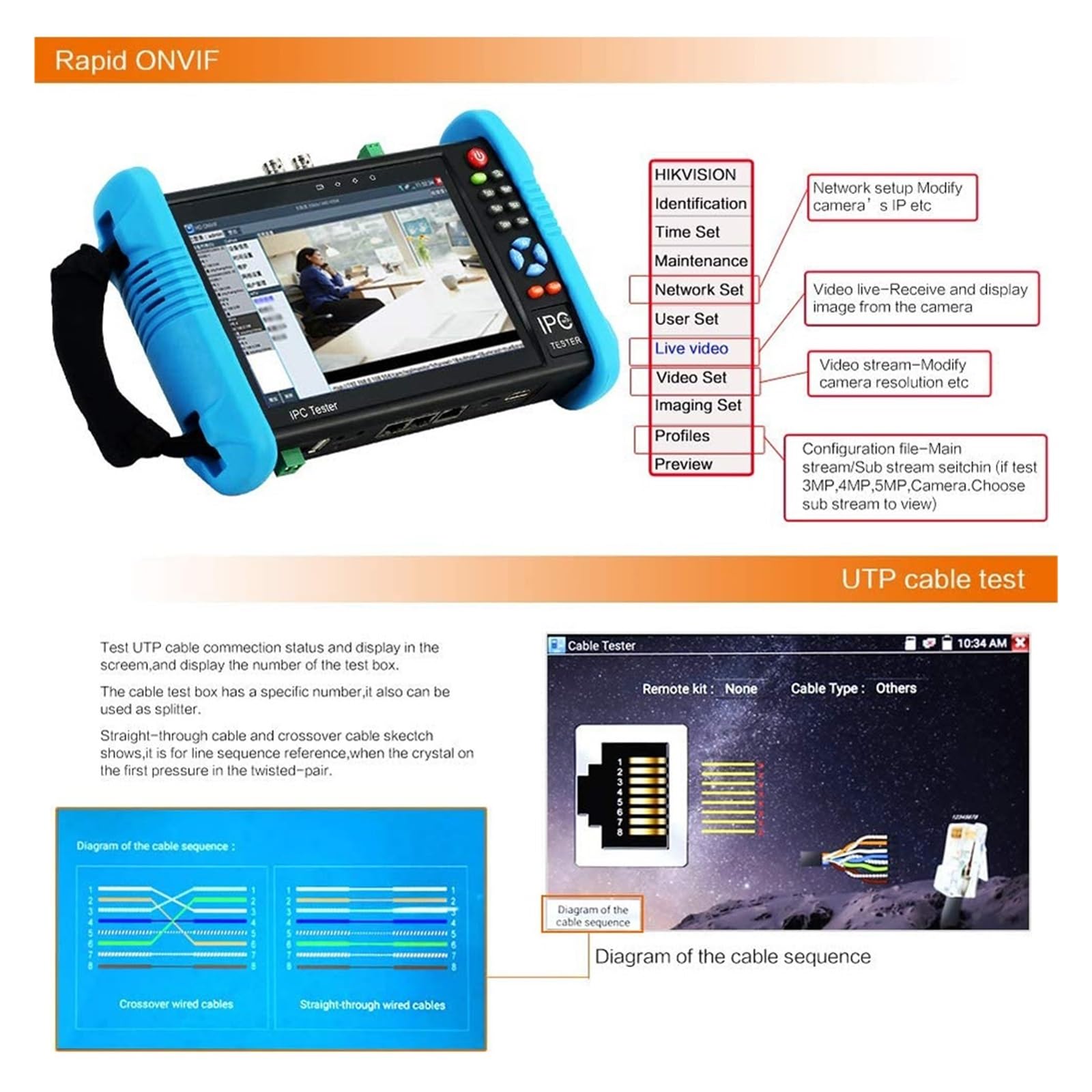 Tester IP CCTV 7 Pollici 4K IP 8MP Monitor Analogico For Telecamera Test AHD TVI CVI Tester For Cavi Di Rete Con Tester Di Protezione Di Sicurezza(TI-9698PS-CADHS)