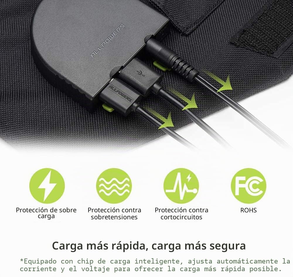 ALLPOWERS Panel Solar Plegable 100W, Cargador Solar Portátil (USB Dual 5V con Alta Tecnología + Salida 18V CC) para Camping, Estación De Energía Portátil, Computadora Portátil, Senderismo, Viajes