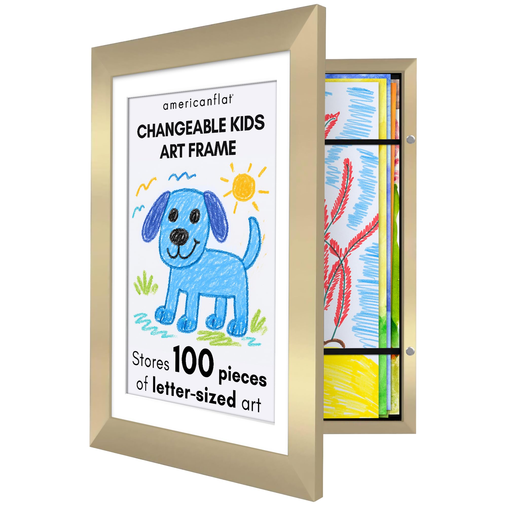 Americanflat A4 Kids Artwork Display Frame in Gold - Use as 25.5x32 cm Kids Art Frame without Mount - Front Opening Childrens Artwork Display Holds 100 Pieces