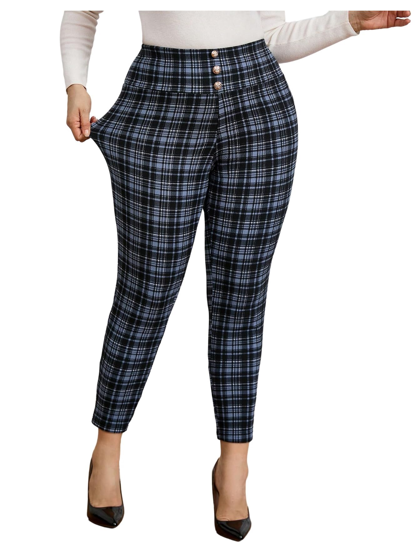 Floerns Womens Plus Size Polka Dots Skinny Pants Stretchy High Waisted Office Trousers