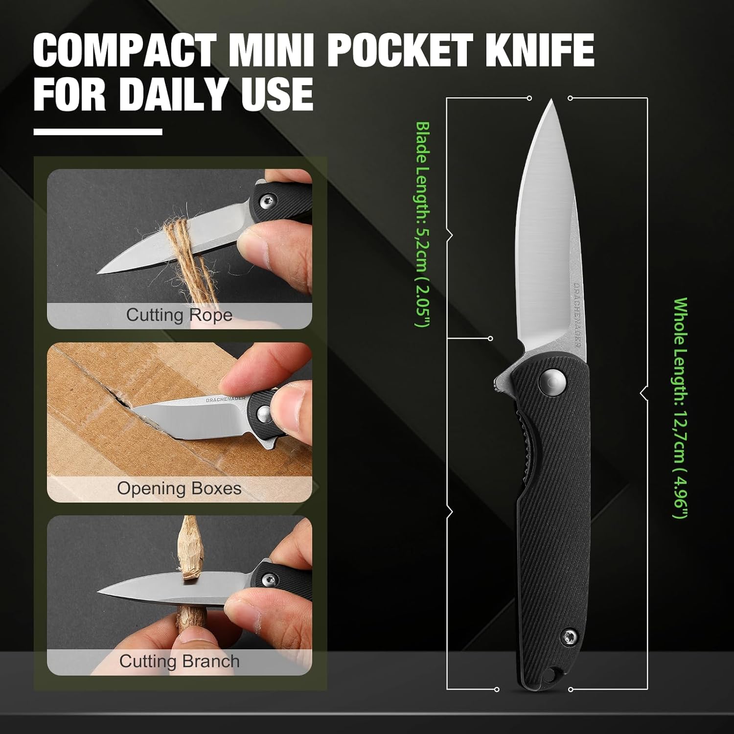 DRACHENADER Small Pocket Knives Keychain for Men 2 Inch Blade Mini Folding Knife (D- C-Silver Blade + Black)