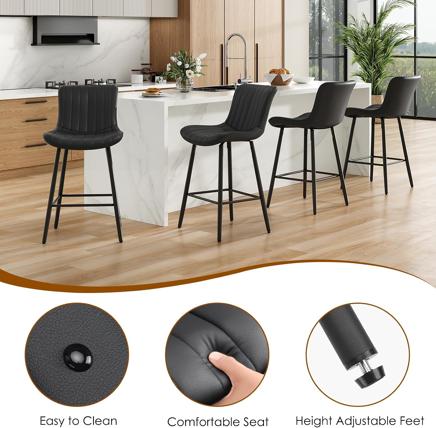 26 Inch Counter Stools Set of 2, Faux Leather Barstool Modern Counter Chair, Counter Height Bar Stools, Counter Height Stools Barstools for Dining Room Kitchen Islands