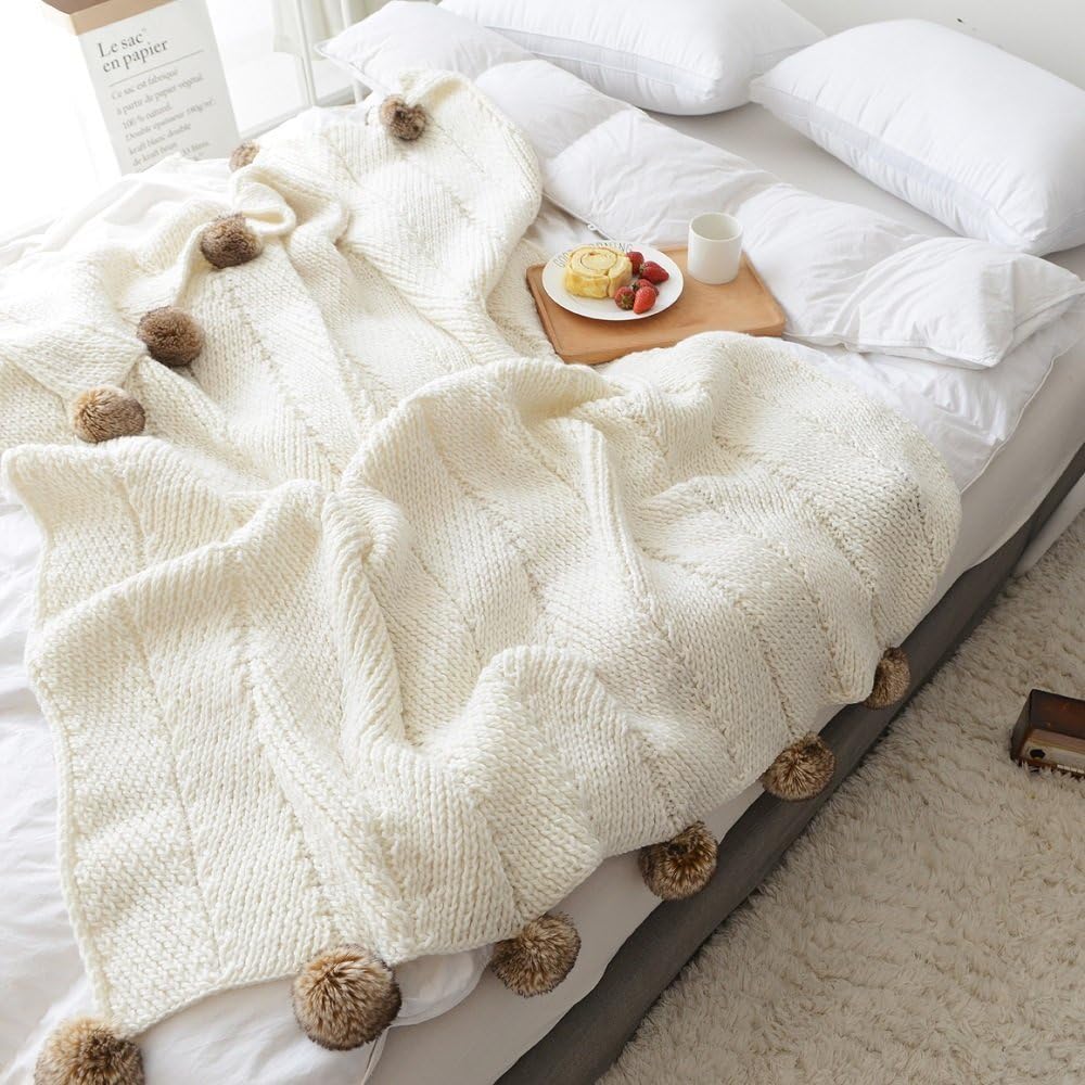 Acrylic Iceland Wool Knitted Throw Blanket, Super Soft Couch/Sofa/Bed Cover Quilt with Handmade Pompoms (White, 51.18" x 59.05")