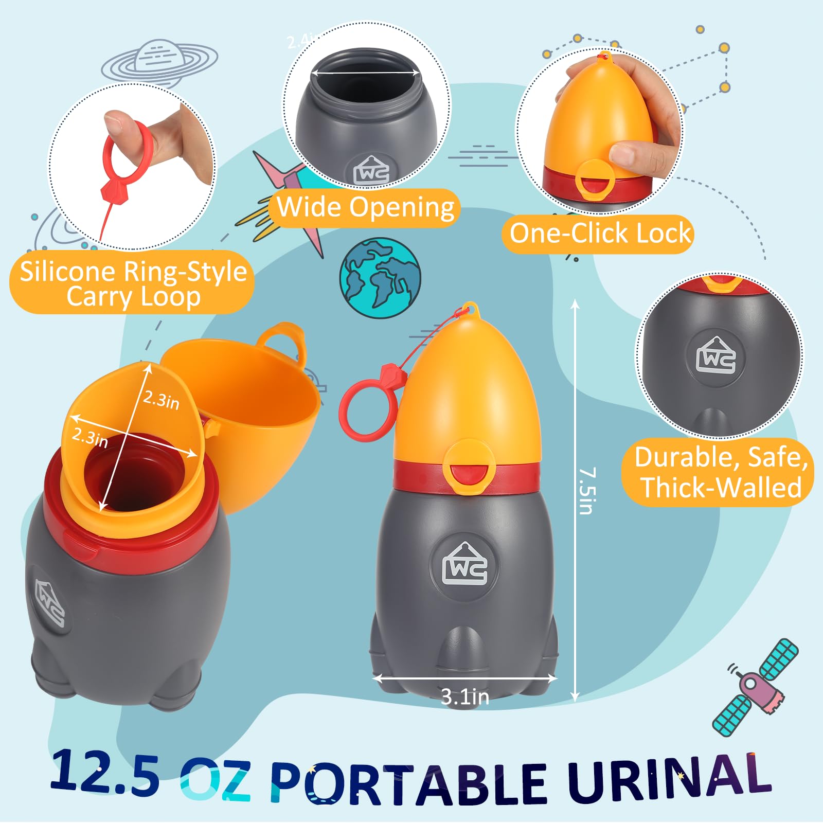 ONEDONE Portable Urinal for Kids Rocket Pee Bottle for Kids Emergency Toilet Urinal for Toddlers Boys Girls 12.5 OZ Small Pee Cup for Kids Camping Car Travel Potty Training Baby Urinal Orange - 3