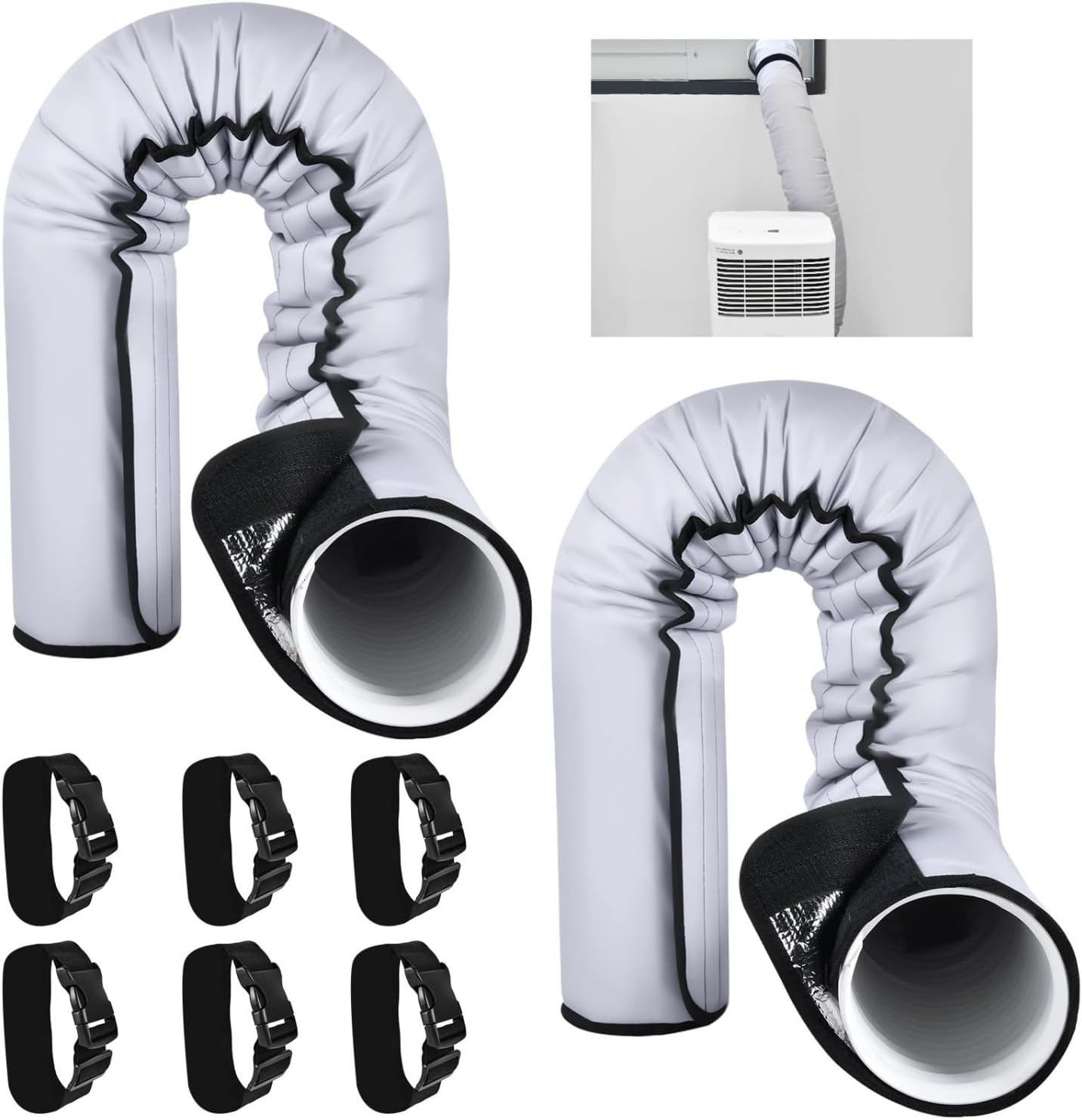YoleShy 2 Pack Portable AC Hose Insulation Sleeve Thick Portable Air Conditioner Hose Cover Wrap for 5" & 5.9" Diameter Easy Installation AC Duct Insulation Wrap with 6 Adjustable Buckle Bands