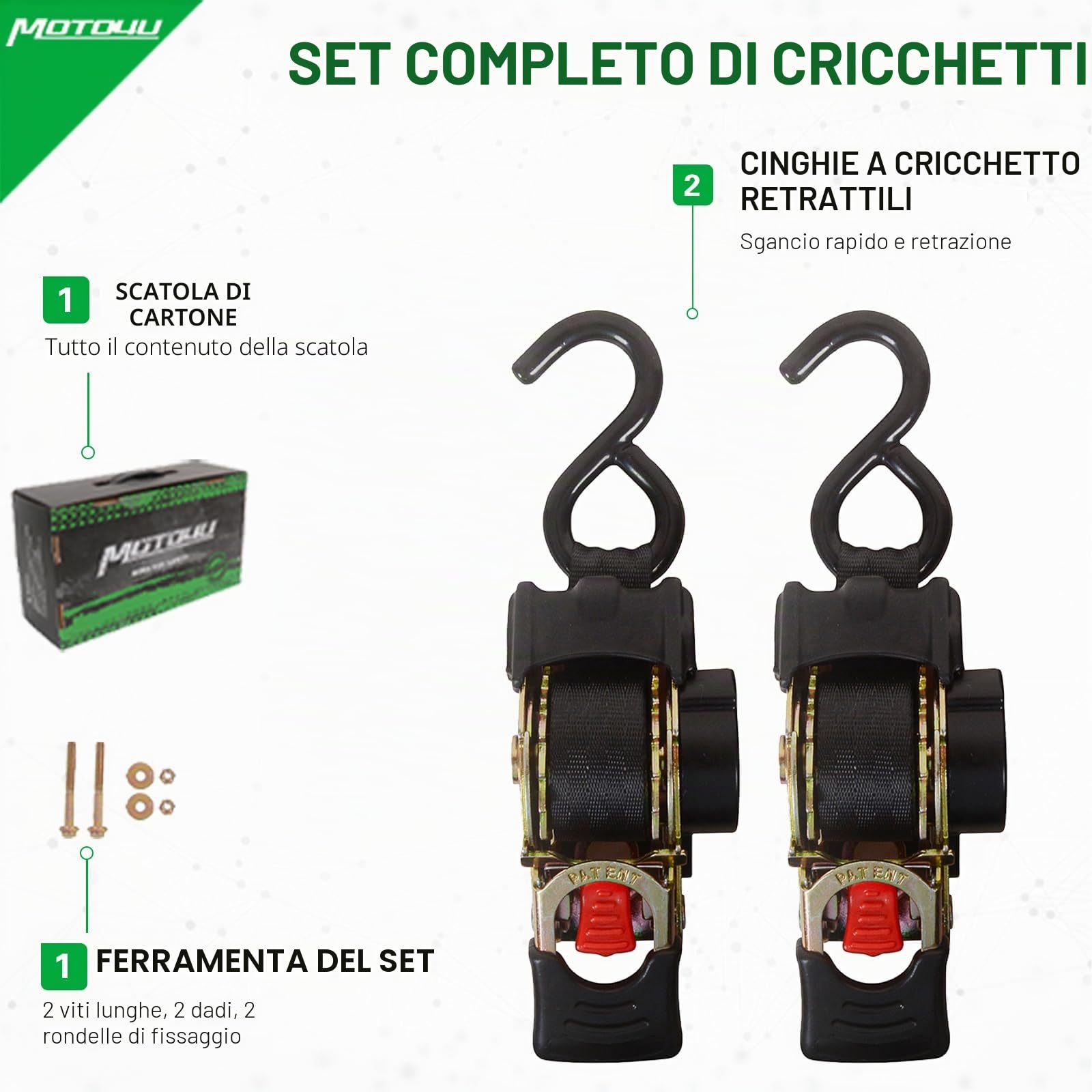 Oldbones - Cinghia auto-retrattile a cricchetto da 2,5 cm x 183 cm, compatta, coppia di cinghie da carico con gancio a S singolo per moto, barche, rimorchi