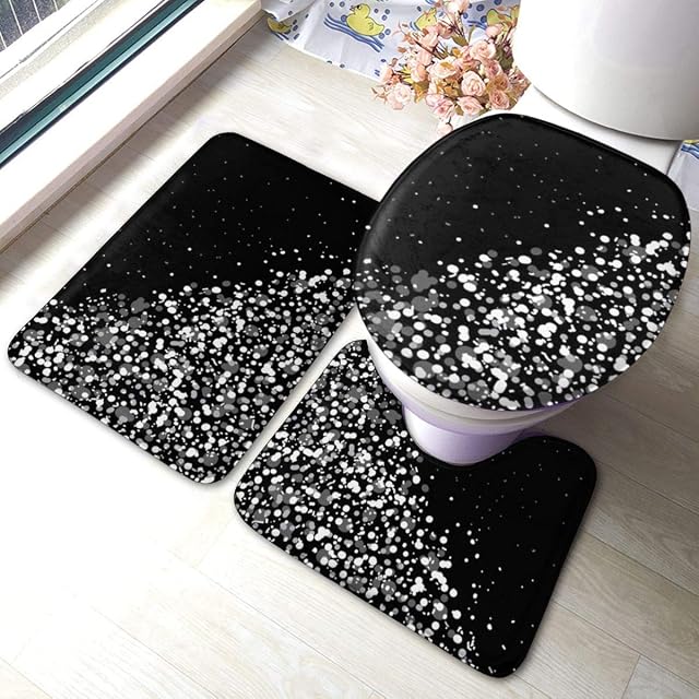 RedBeans Black White Glitter 3 Piece Non Slip Pedestal Bath Mat Set, Toilet Lid Cover Mat, Breathable Memory Foam Bath Mats Soft Comfortable Water Absorbent Toilet Bathroom Rug