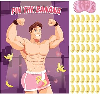 Bachelorette Party Games for Adults Women - Pin The Banana On The Hunk Bachelorette Game, Bridal Shower Games with 48 Stickers & 2 Blindfold for Girls Night Wedding Engagement Party