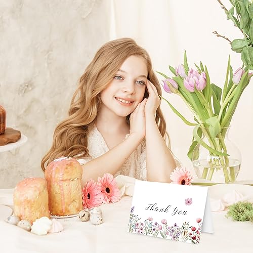 Miniatura 7 de Paquete de 24 tarjetas de agradecimiento de flores silvestres a granel, tarjetas de felicitación de flores rosas con sobre, tarjetas de notas