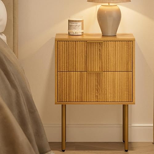 Miniatura 6 de Masupu Mesita de noche, mesita de noche moderna de mediados de siglo con 2 cajones de almacenamiento, mesa auxiliar pequeña con marco dorado para