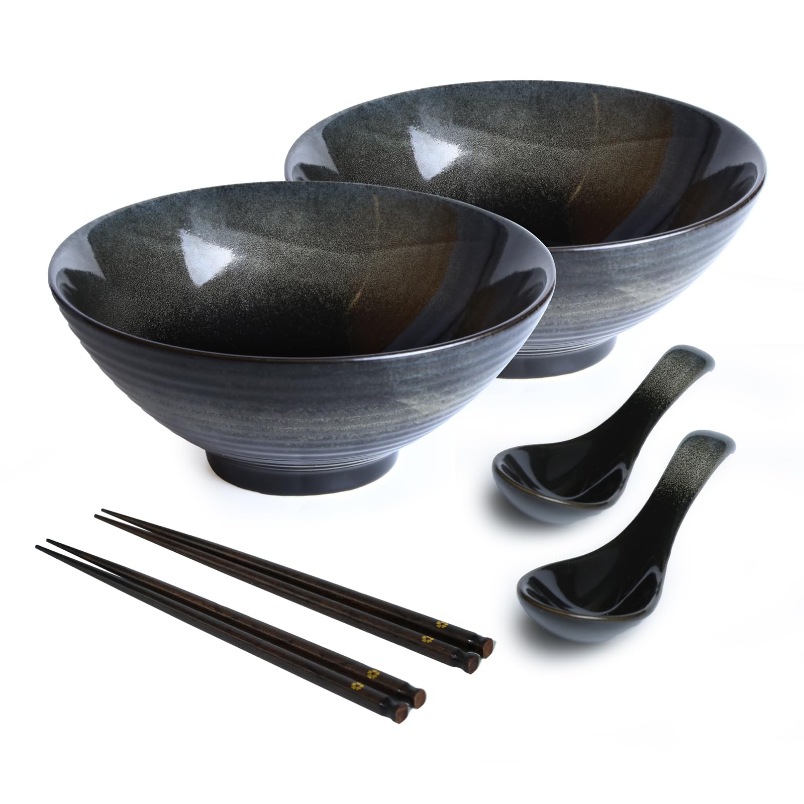 Lot de 2 bols à ramen japonais en céramique avec baguettes et cuillère, style asiatique en porcelaine, saladier, bol à soupe instantanée, 1200 ml, noir