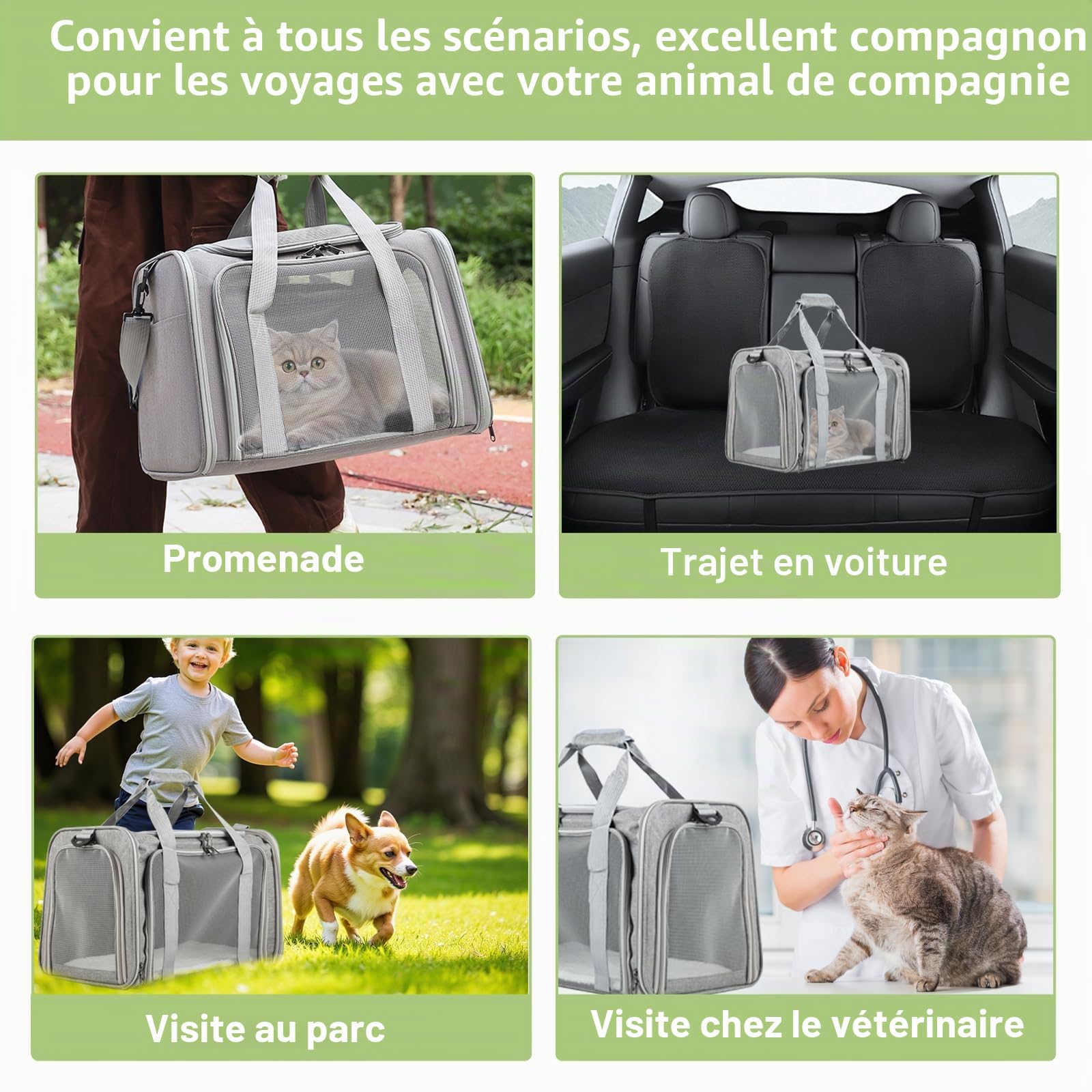 Sac Transport Chat Pliable – Cage Chat Respirante – Caisse de Transport Chat Léger pour Voyages/Voiture (Gris)