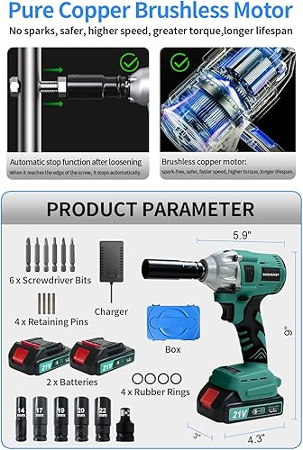 Miniatura 5 de Llave de impacto inalámbrica, pistola de impacto de 1/2, 2 baterías, pistola de impacto, con 5 enchufes, destornillador de impacto eléctrico para