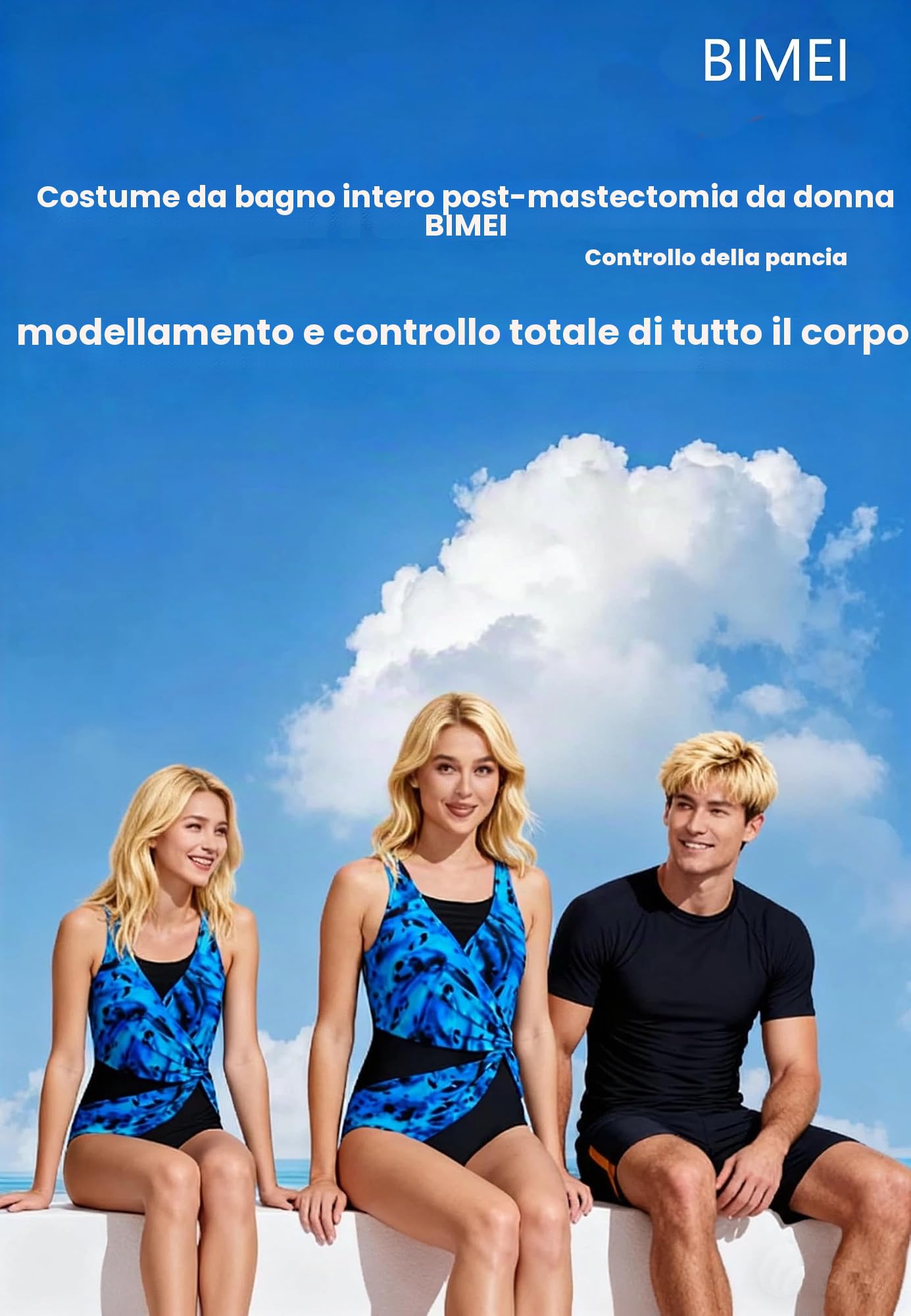 BIMEI Costume da bagno intero da donna per mastectomia con tasche e controllo della pancia, 2307B