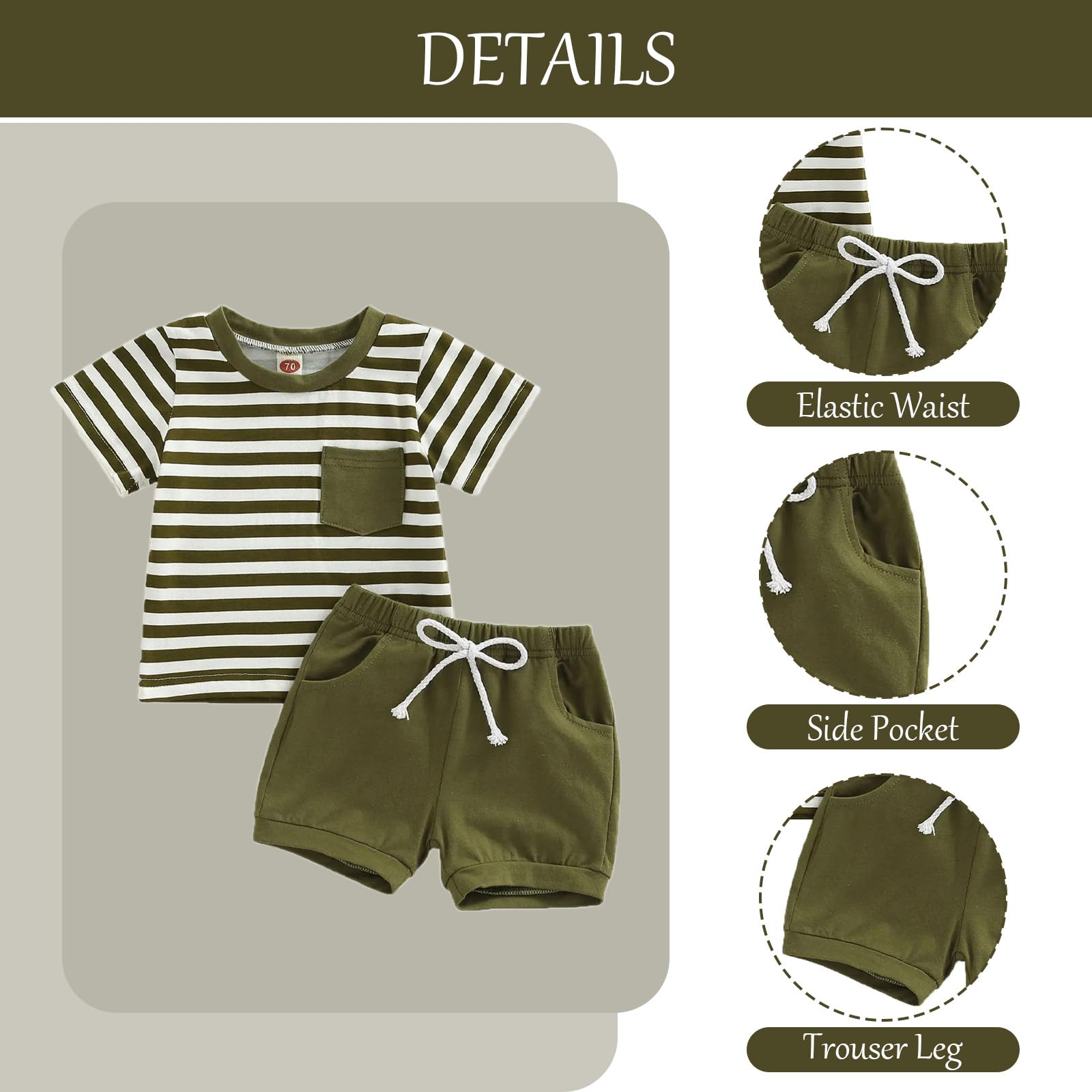 Eqenkely Conjunto Ropa para Niño Camiseta Top Rayas de Manga Corta y Cintura Elástica Pantalones Cortos 2Pcs Verano Shorts Trajes Bebé Outfit — view 4