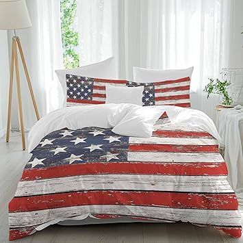 American Flag Bedding Queen Duvet Cover Set, 3 Piece Microfiber Soft Comforter Quilt Cover with 2 Pieces Red Blue Star Stripes Rustic Farmhouse Wood Decorative Throw Pillowcases Sham for All Seasons