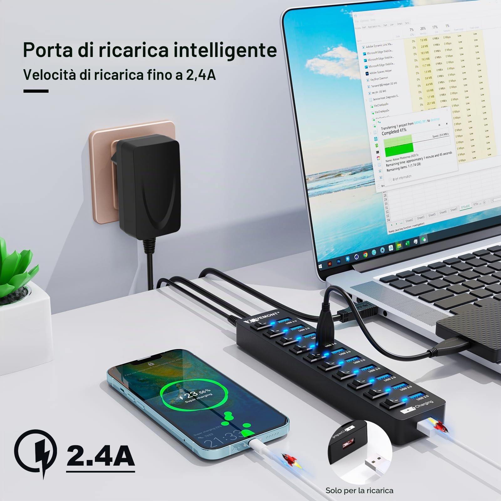 Hub USB attivo 3.0 con alimentatore di rete, VEMONT 11 porte USB con 12 V/3 A | Splitter USB (10 porte 3.0 e 1 porta di ricarica intelligente) con interruttore individuale e cavo lungo 1,2 m per PC/laptop