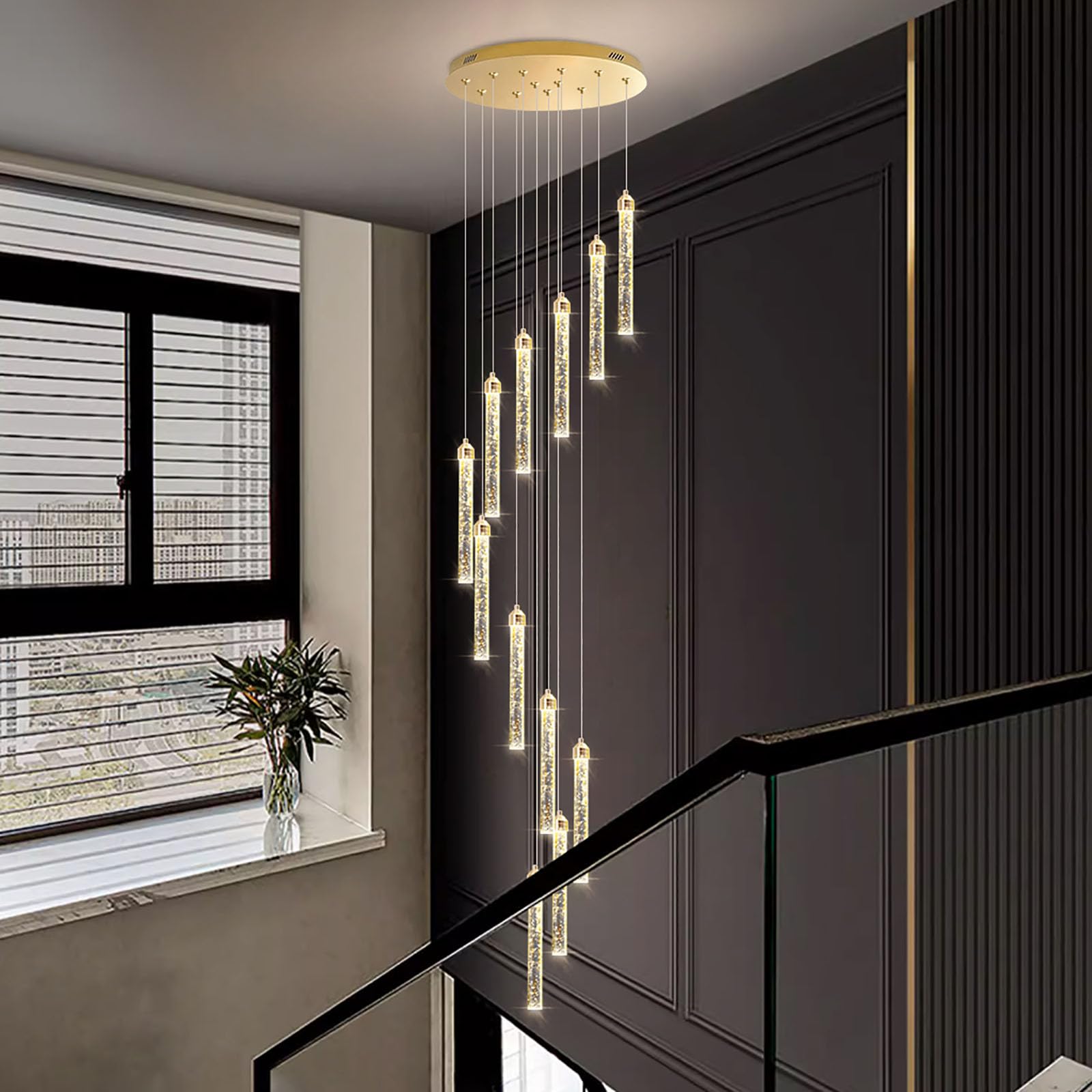 PCXEHUYP Large Stair Chandelier with Remote Control,118in Adjustable Height,High Chanelier,Dimmable K9 Crystal Ceiling Light Fixture for Villa Foyer Spiral Staircase