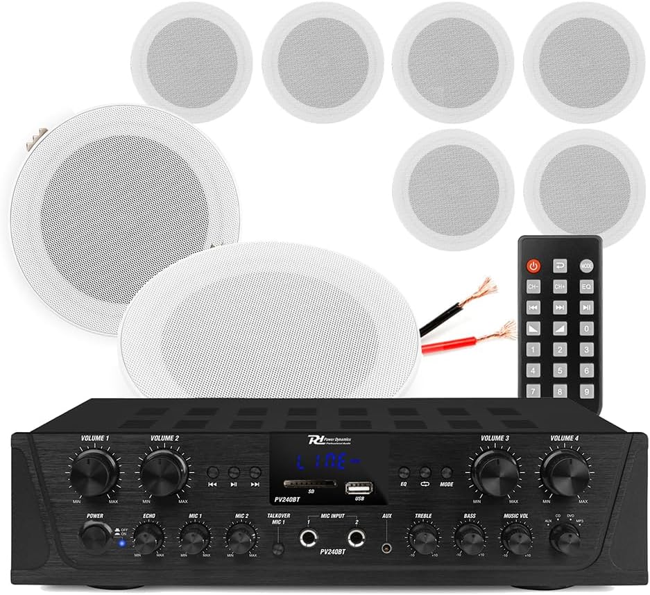 Power Dynamics 4-Zone Marine Ceiling Speakers System with PV240BT Amp, 5-Inch Weatherproof Outdoor Speaker Set, Bluetooth, USB/SD, FM Tuner for Boat, Patio, Poolside Audio