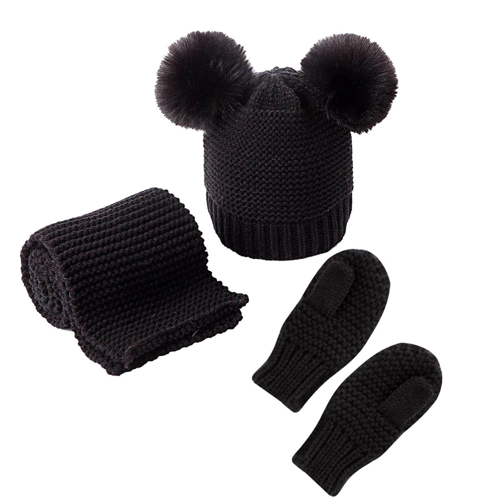 Czapka Zimowa Ciepła Rękawiczka Materiałowa Czapka Dziecięca Ciepła Zimowa Trzy Wełniane Monochromatyczne Zestaw Przędzy Kapelusze Czapki Dziecięce/Black/One Size