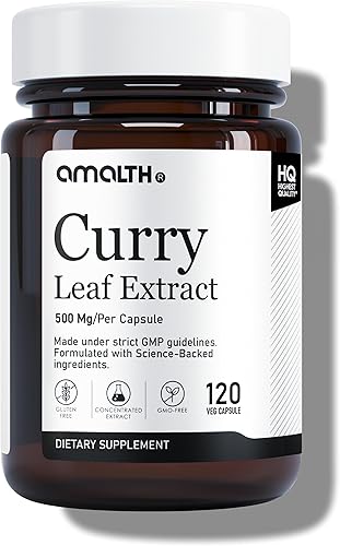 Amalth Cápsulas de extracto de hoja de curry de 500 mg | Cápsulas de suplemento de hoja de curry | Extracto de Murraya Koenigii | Suplemento a base