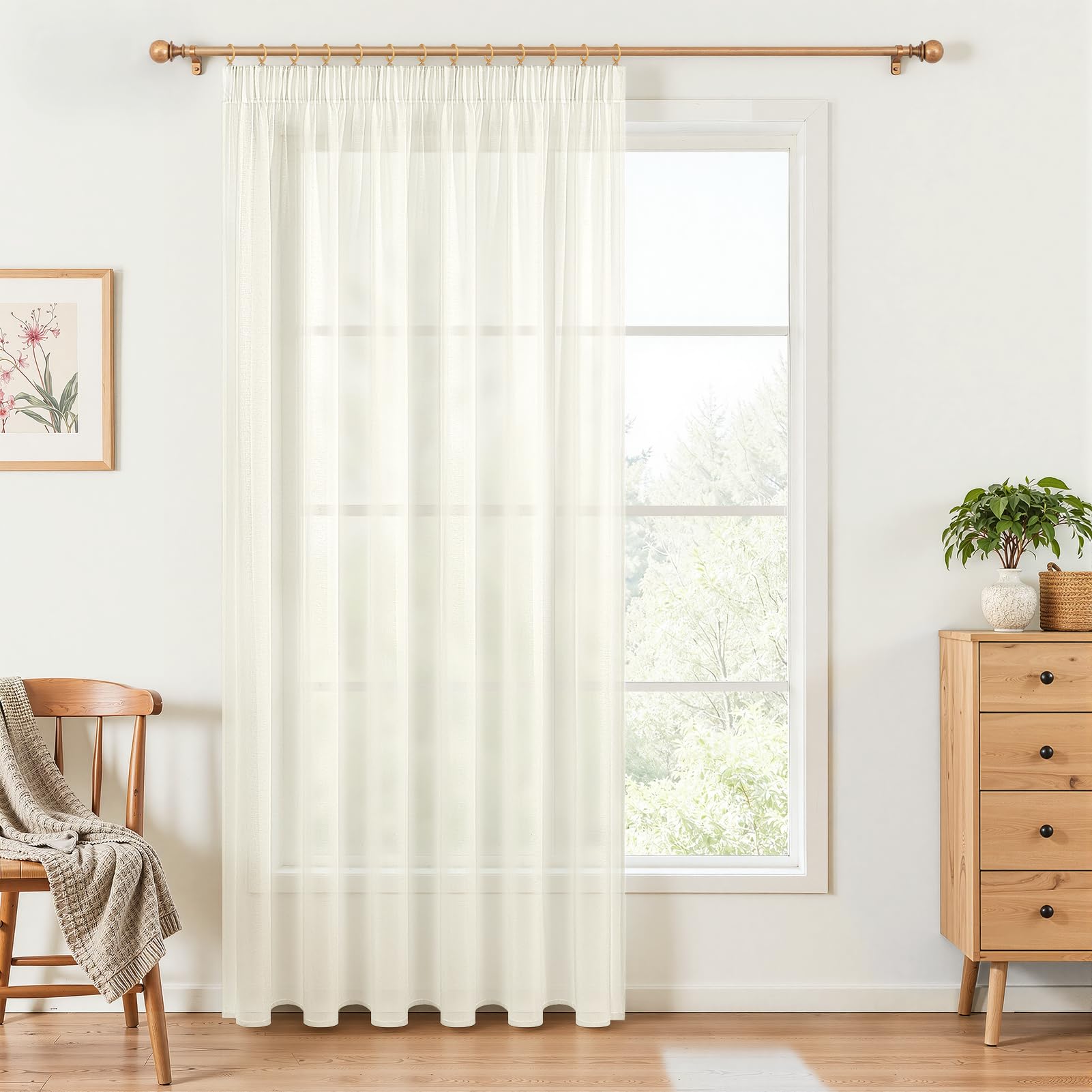 MRTREES Curtains with Ruffle Tape, Cream Stores, Set of 1, 245 cm Long, 200 cm Wide, Cream Short Transparent Modern Curtains for Living Room, Window, Bedroom, Elegant