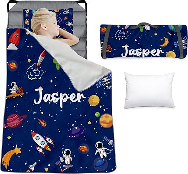Personalized Toddler Nap Mat for Boys Girls Custom Name Sleeping Mat with Space Theme, Roll-Up Daycare Slumber Mat with Blanket and Pillow, Kids Cot Nap Mat for Preschool