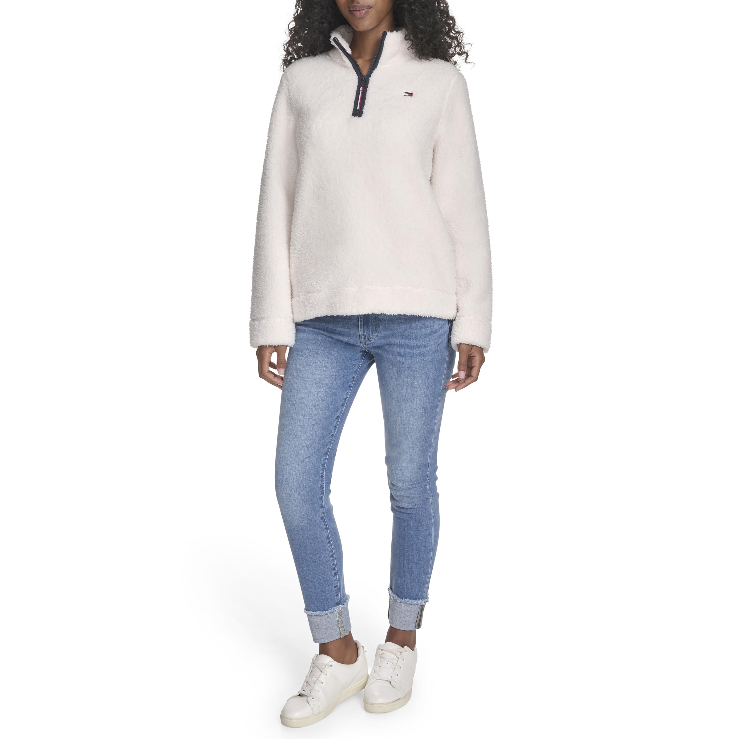 Tommy Hilfiger Women's Soft Ivory 1/4 Zip Mockneck Sherpa Soft Pullover, Xl