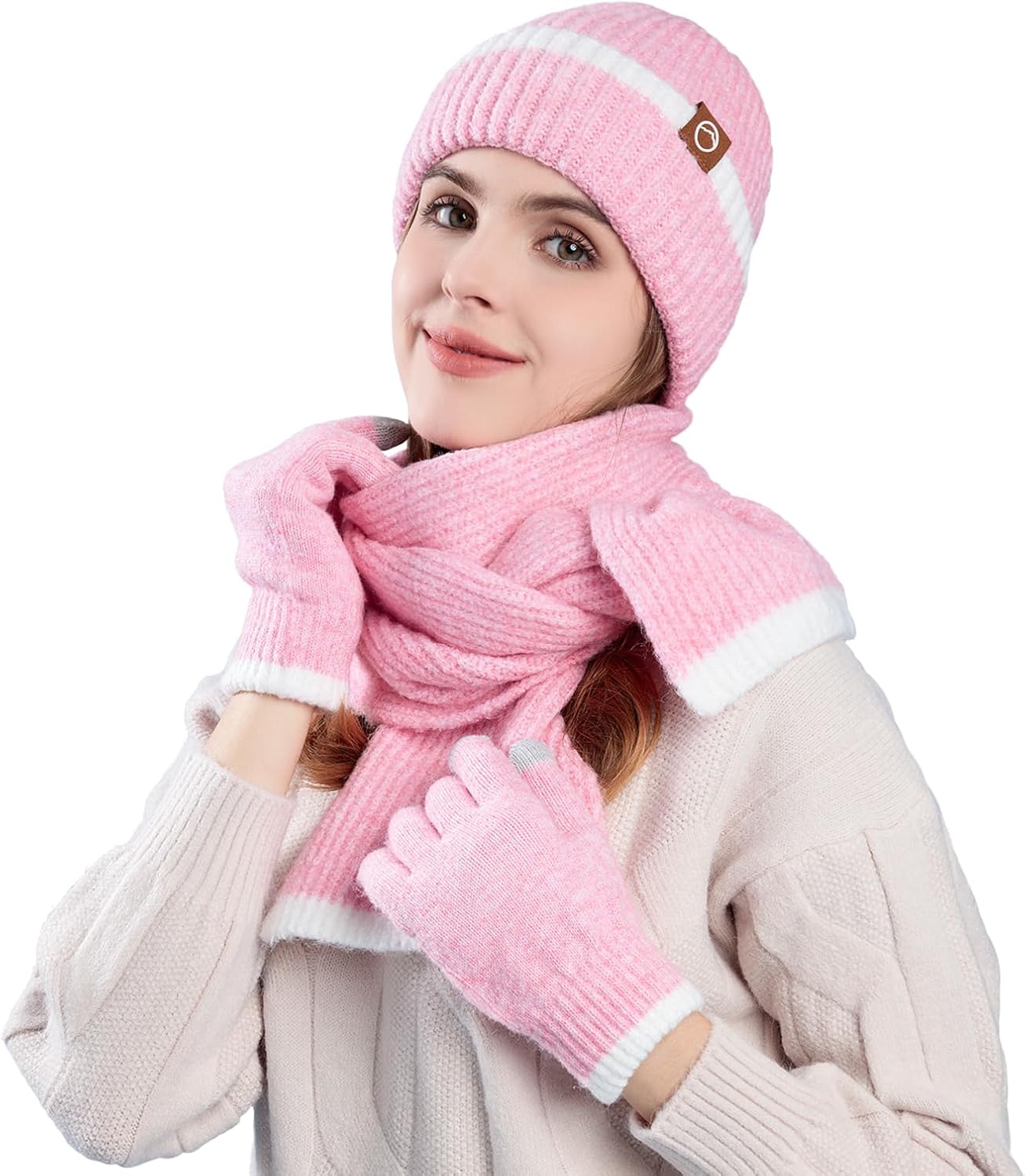 Beanie Hats for Women Beanie Hats Scarf Touchscreen Gloves Set Warm Knit Thick Fleece Lined Skull Cap Gifts for Women - Image 6