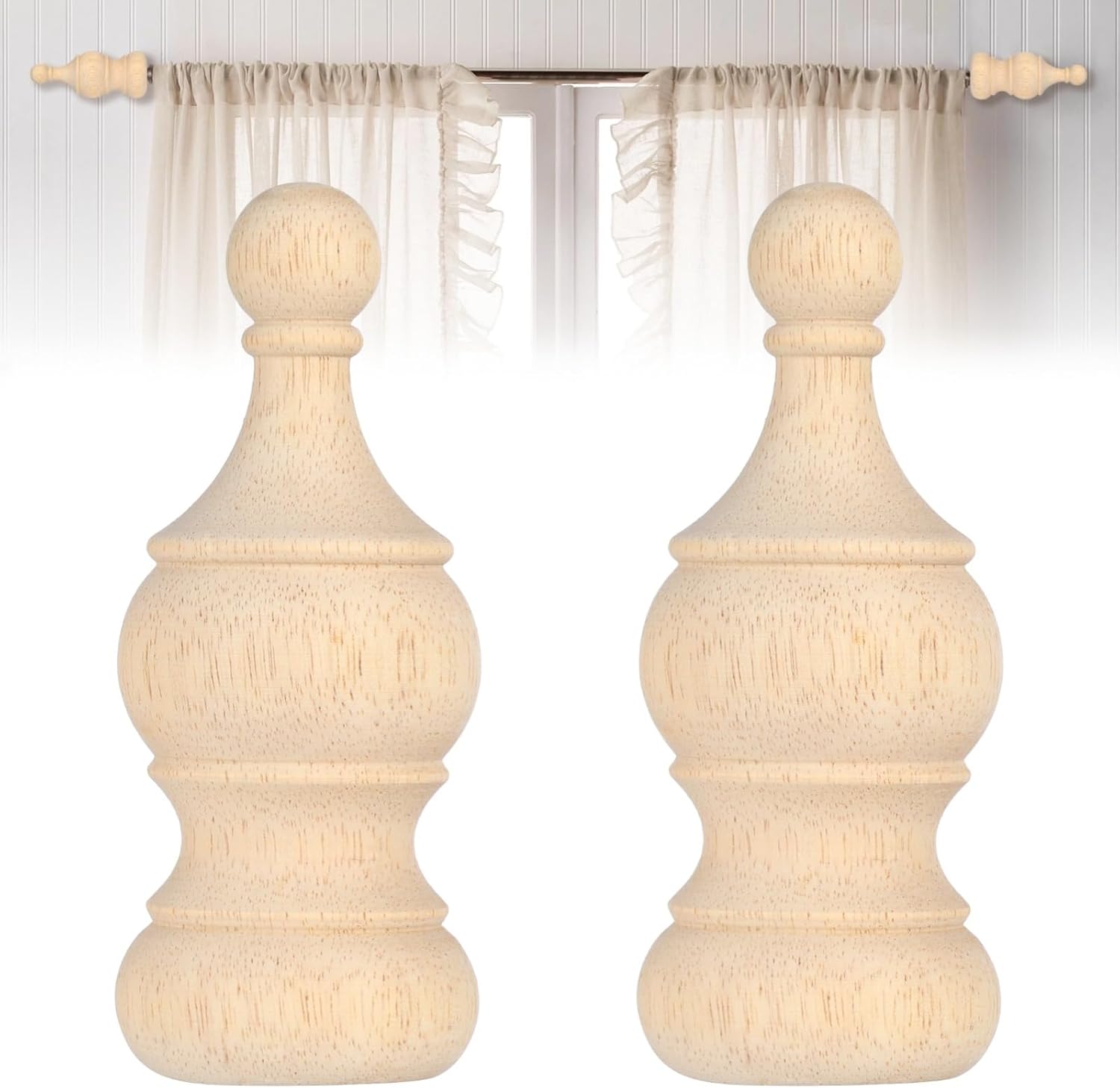 2 PCS Wood Finials 5.9x2.4 in, Unfinished Wood Decor for Bed Posts & Rods
