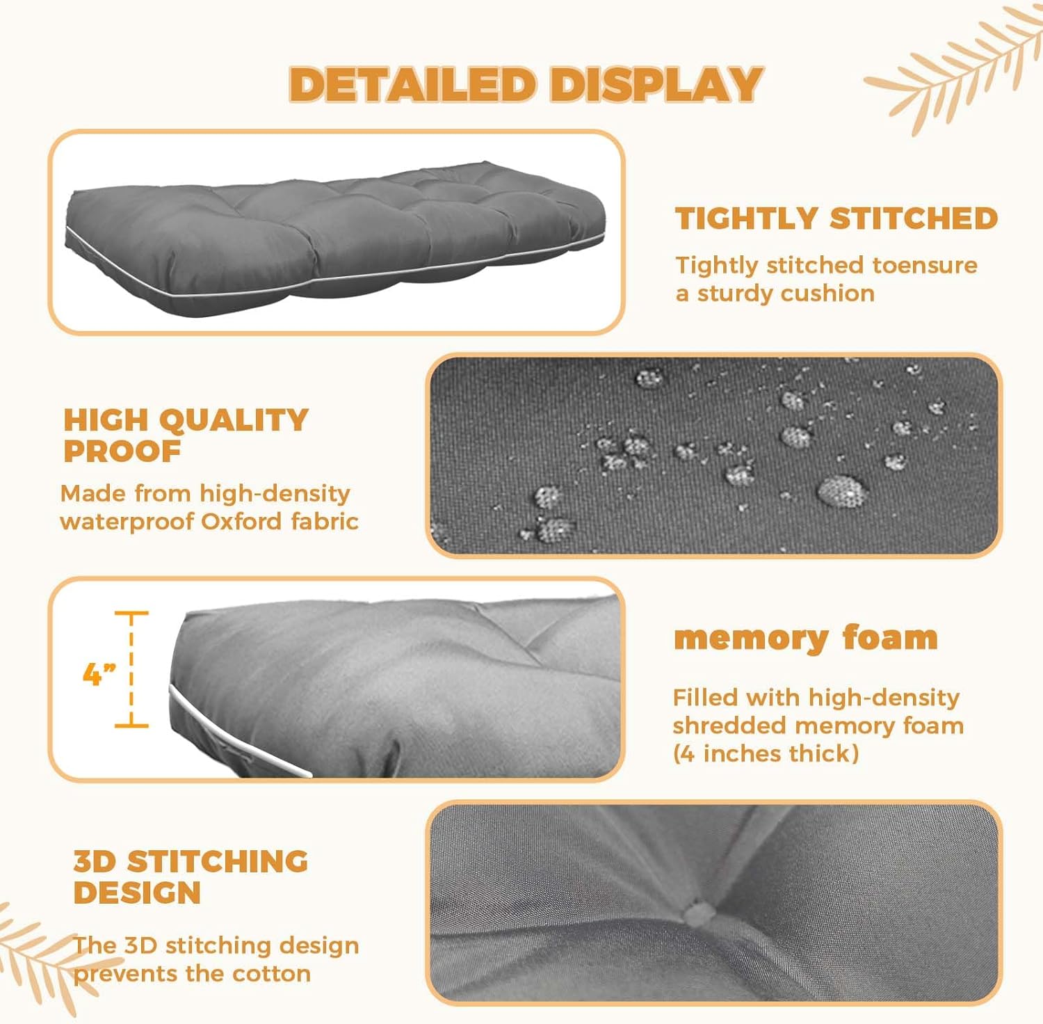 Waterproof Wicker Chair Cushions of 3 Pieces Piped Edges Premium Thick Cushions, All Weather Outdoor Loveseat Cushions for Patio Seat, 1 Loveseat and 2 U-Shaped Cushions, Gray