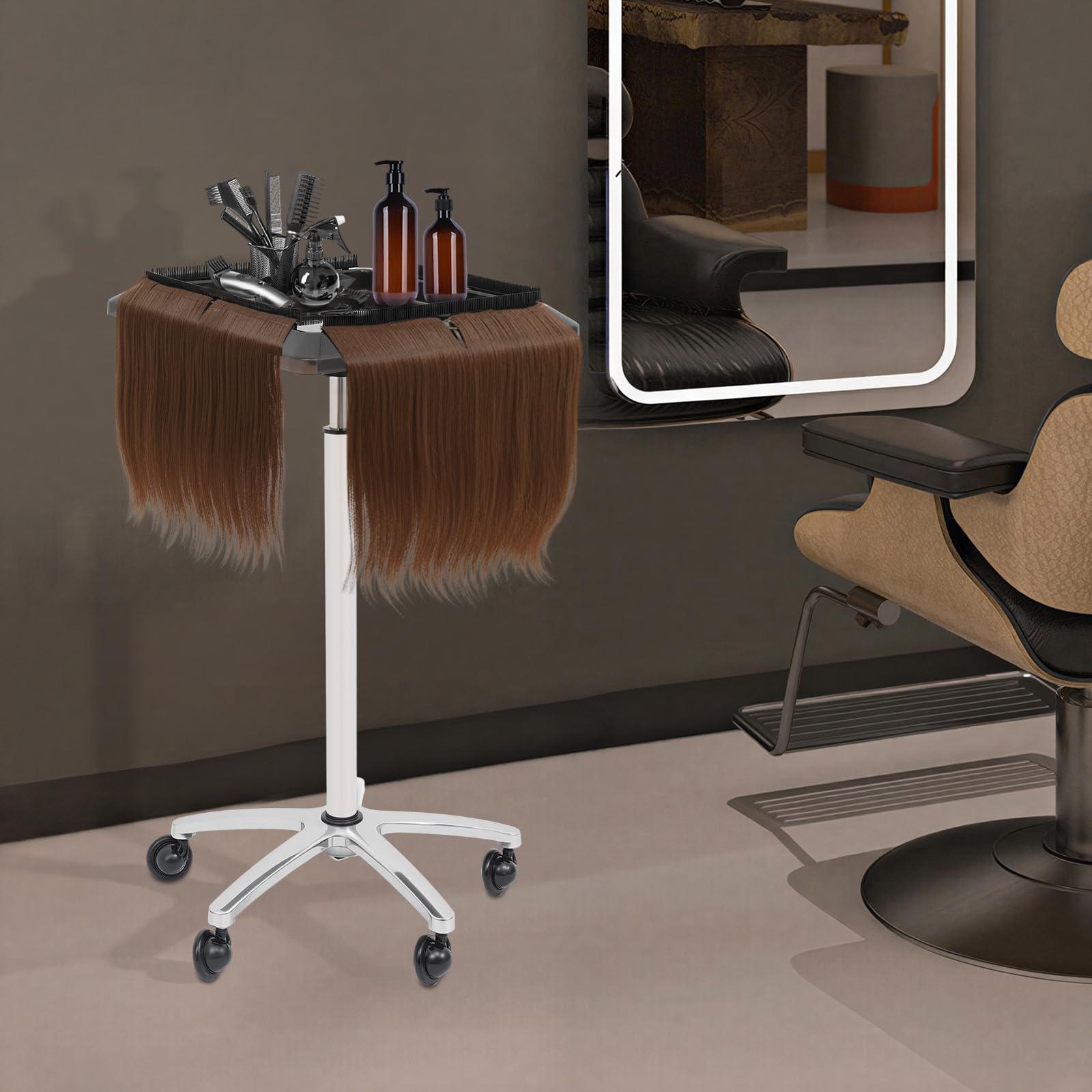 Carrito de Peluquería con Ruedas Altura Ajustable 70-110cm Bandeja para Pelucas y Herramientas Carrito de Salón Rodante con 5 Ruedas Suaves Peluquería Soporte de Peluquería Desmontable