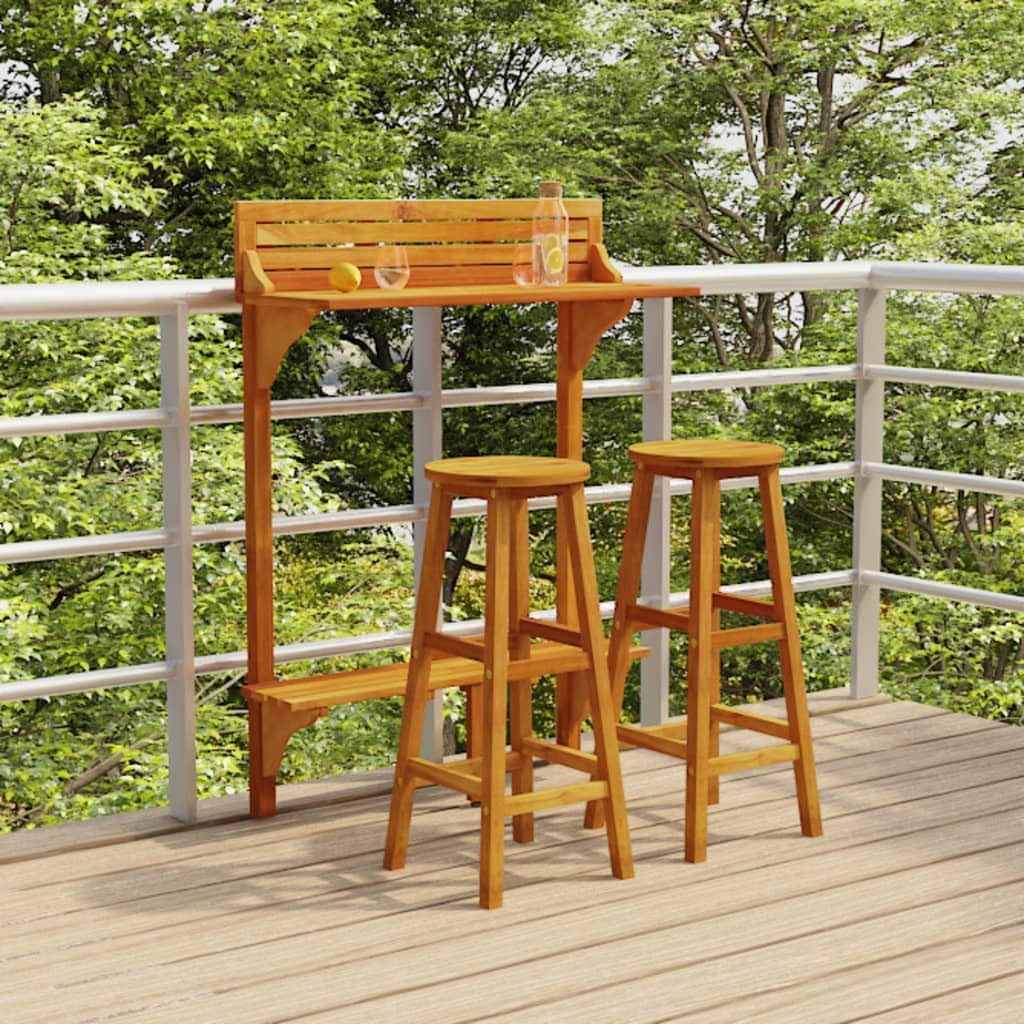 3 Piece Solid Acacia Wood Balcony Bar Set with Rectangular Table and Two Stools, Durable Outdoor Furniture with Footrests for Patio and Garden, Weather-Resistant Oiled Finish