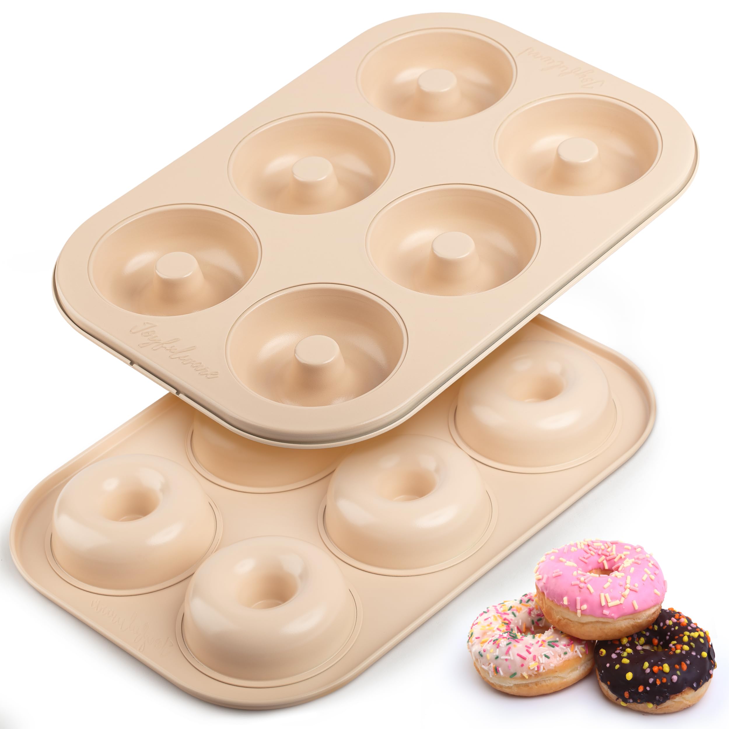 Molde para donas para hornear, juego de 2 moldes antiadherentes para donas, de acero al carbono, 6 cavidades de tamaño completo para hornear, molde para hornear de donas beige a la moda 8