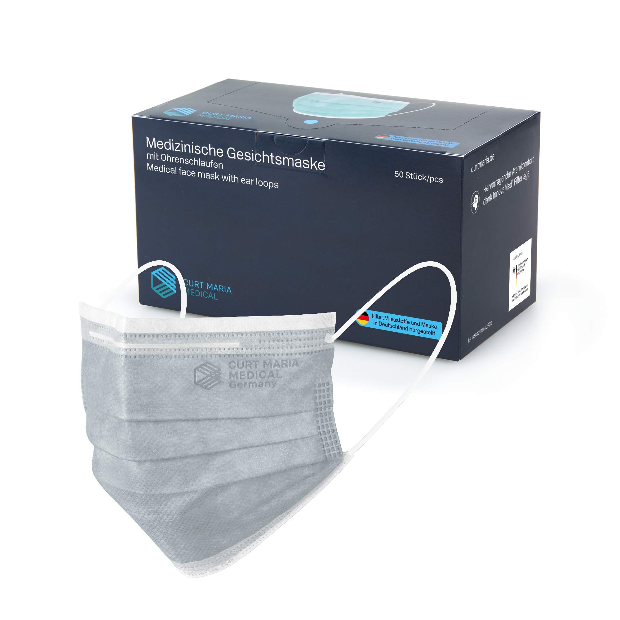 Curt Maria Medical 3-Ply Medical Masks con anelli per l'orecchio, grigio, confezione da 50