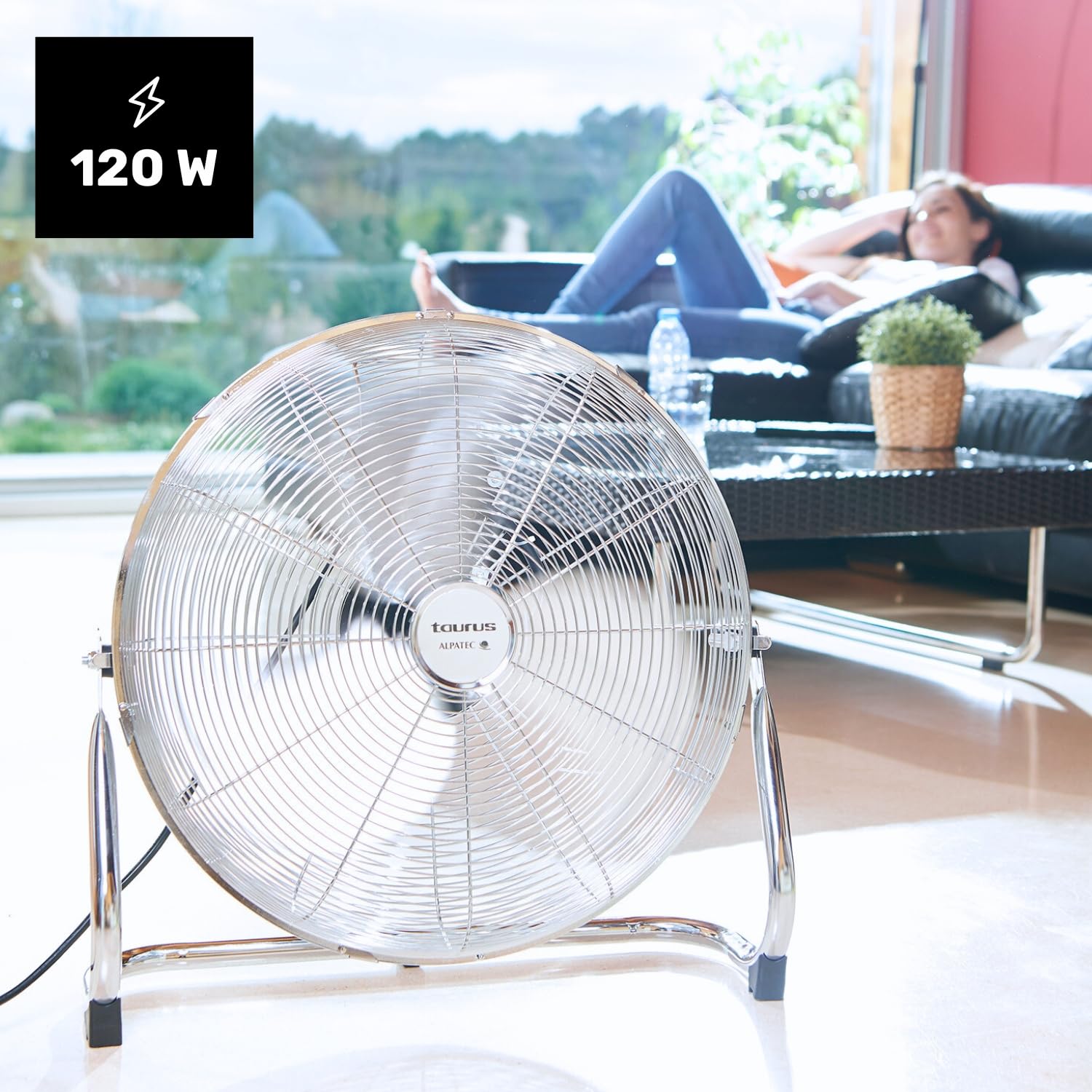 Taurus Sirocco 18 - Ventilateur de sol 120W, 3 vitesses, silencieux, 3 hélices métalliques / 45 cm de diamètre, inclinaison réglable, grille amovible, base antidérapante