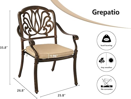 Miniatura 3 de Grepatio Juego de 2 sillas de comedor de aluminio fundido para exteriores, sillas de patio bistró, sillas de metal con respaldo moderno con cojín,