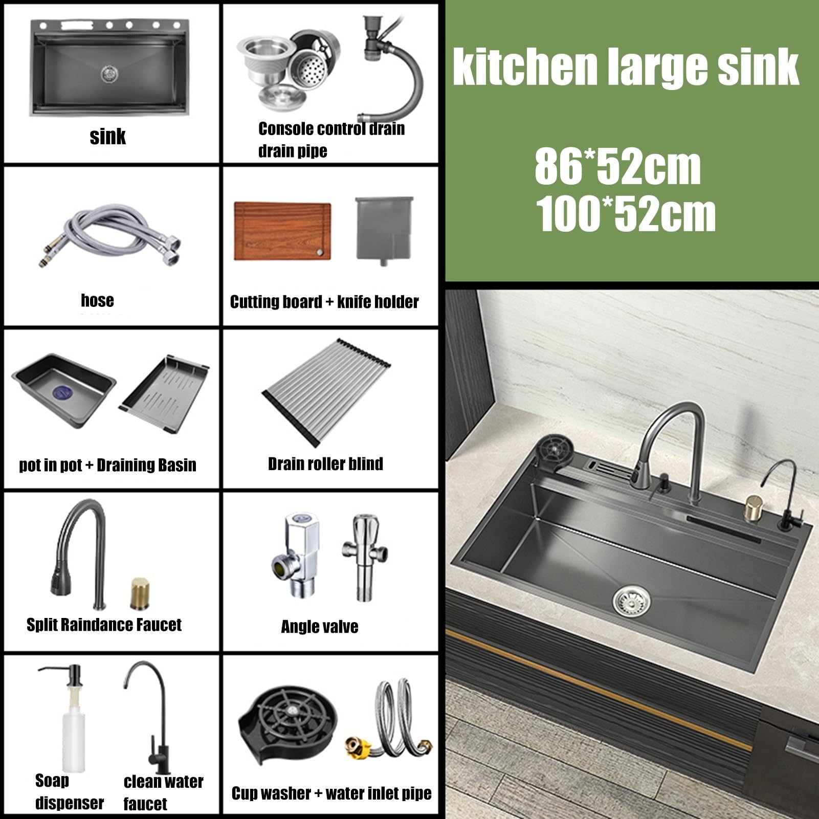 86 x 52 cm stalowy zlew kuchenny z ukrytym uchwytem na noże i akcesoriami – nowoczesny design dla wydajnego gotowania i czyszczenia
