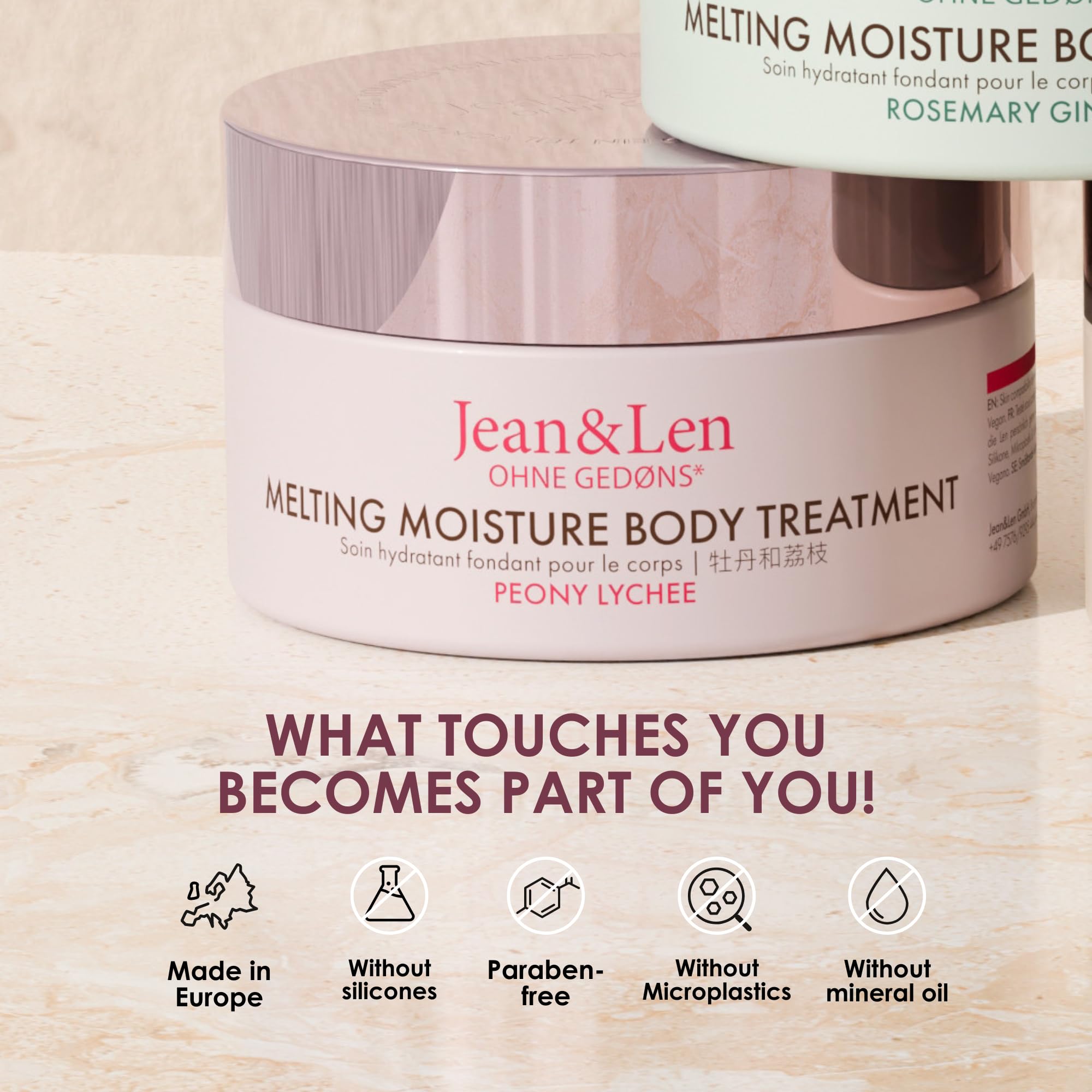 Jean & Len Melting Moisture Body Treatment Peony & Lychee, dla perfumowanych efektów pielęgnacyjnych, masło do ciała, bez parabenów i silikonów, wegańskie, 200 ml