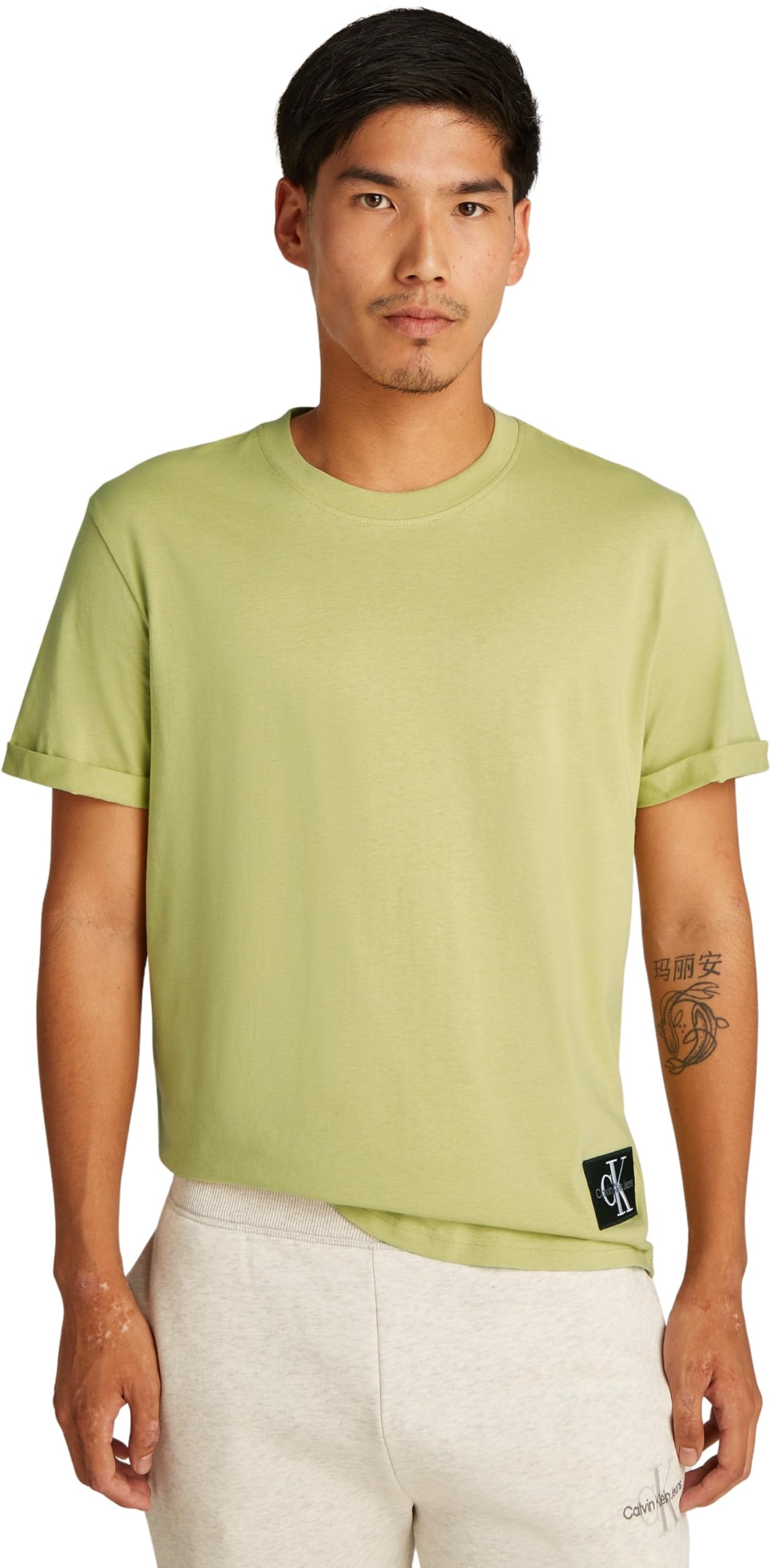 Calvin Klein Men's Badge Short Turn Up Sleeve Round Neck T-Shirt, Green (Leek Green), XXS