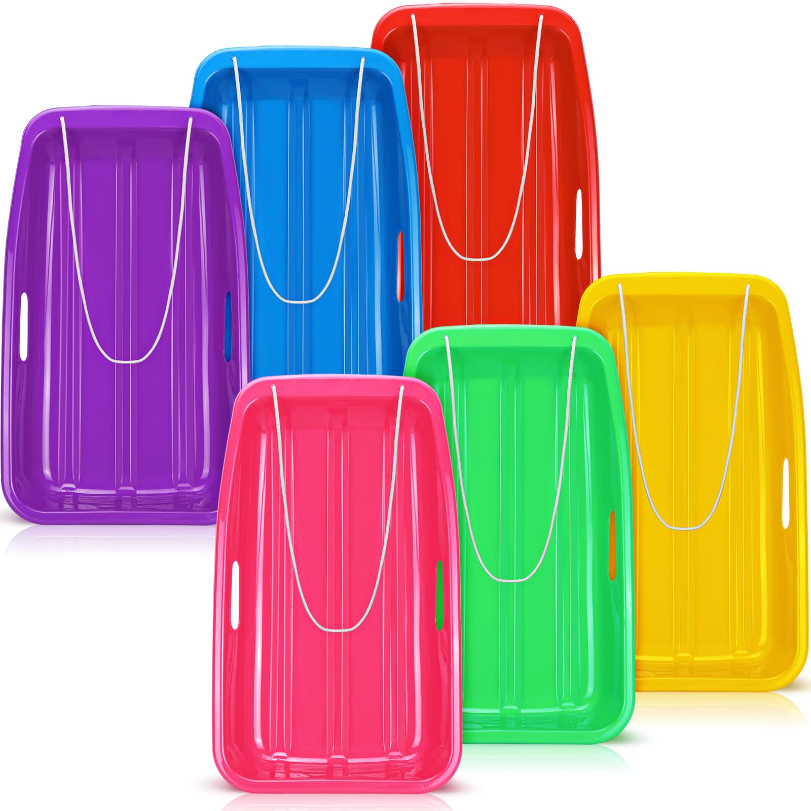 6 Pcs Winter Plastic Toboggan Snow Sled 26 x 14 x 4 Inch Kids Downhill Sprinter Sand Sled with Handles and Pull Rope for Boys Girls 2-10