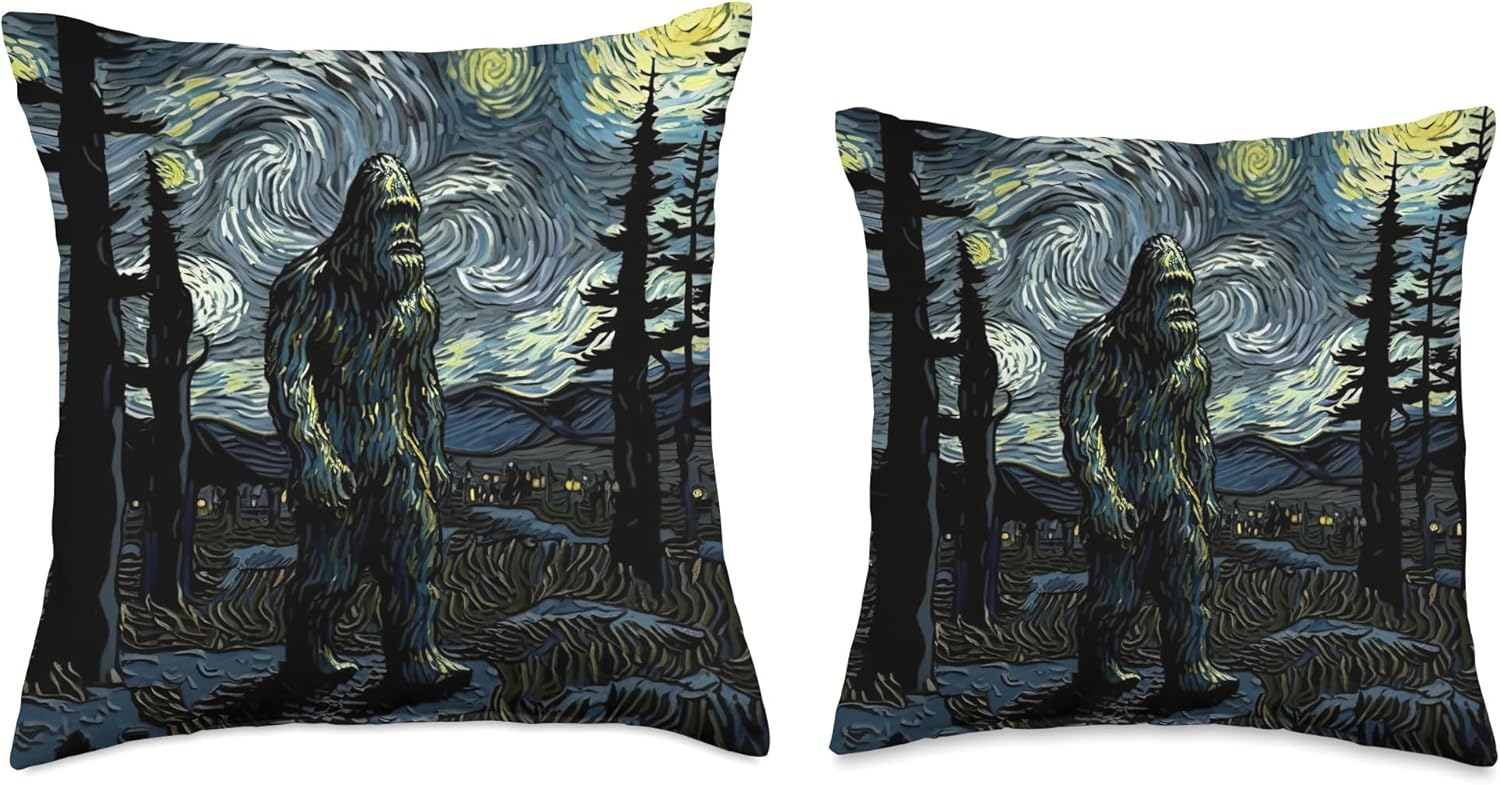 Bigfoot Starry Night Sasquatch Van Gogh Sky Painting Art Throw Pillow