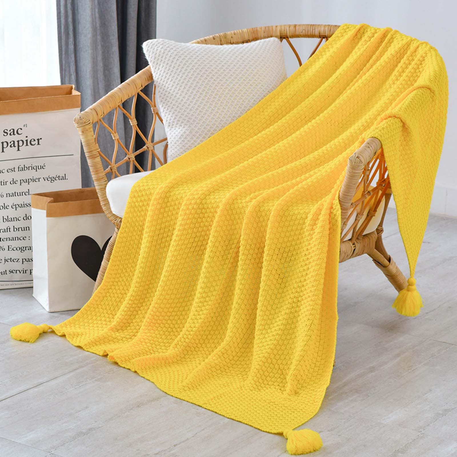 Coperta in maglia a nido d'ape, sciarpa da letto in acrilico, da viaggio, morbida maglia per tutto l'anno, 130 x 230 cm, con nappe decorative con pompon, 8 tonalità di terra solida per