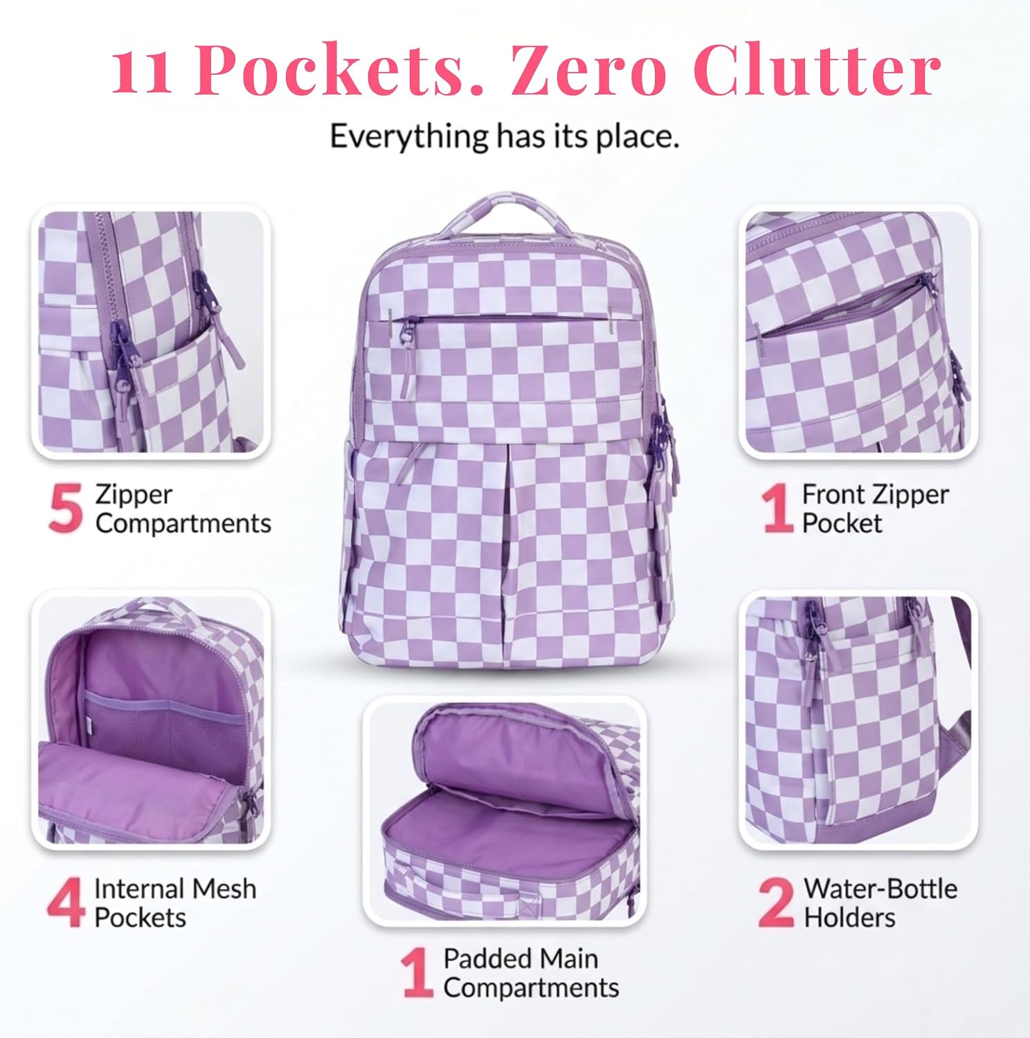 Minimax Checkered Mini Backpack for Women, Roomy Small Backpack with 11 Pockets, Lightweight Hands-Free