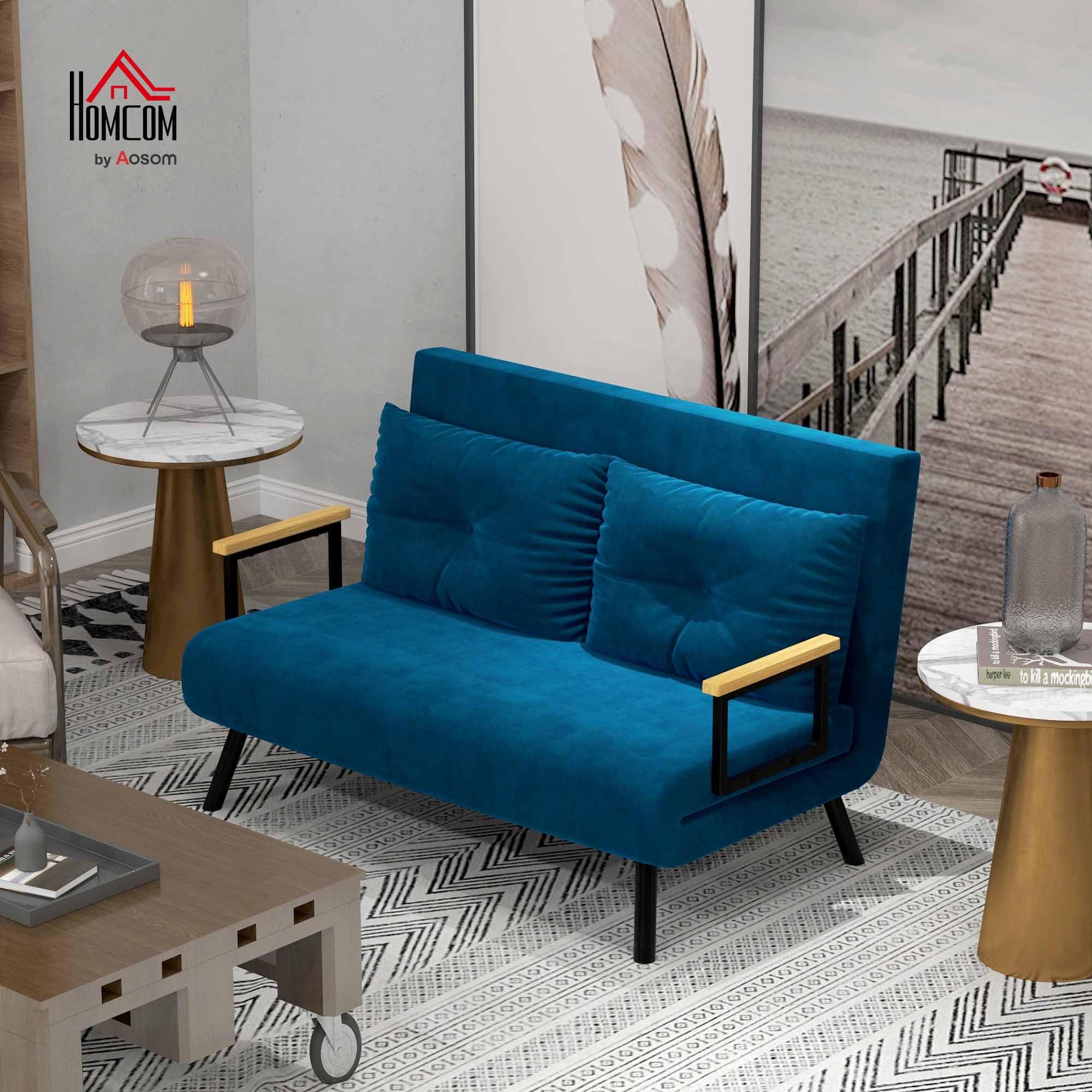HOMCOM Canapé Convertible 2 Places 4 en 1, canapé-lit avec Dossier réglable sur 5 Niveaux, 2 Coussins et siège rembourré, Tissu Effet Velours, pour Salon, Chambre d'amis, Petit Espace, Bleu