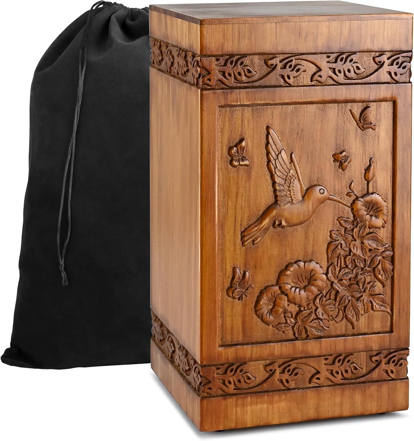 Wooden Cremation Urns for Human Ashes Adult Male Female - Handcarved Hummingbird Wood Urn Boxe with Velvet Bag, 250 lbs Large Capacity Decorative Burial Funeral Memorial Urn (Hummingbird)