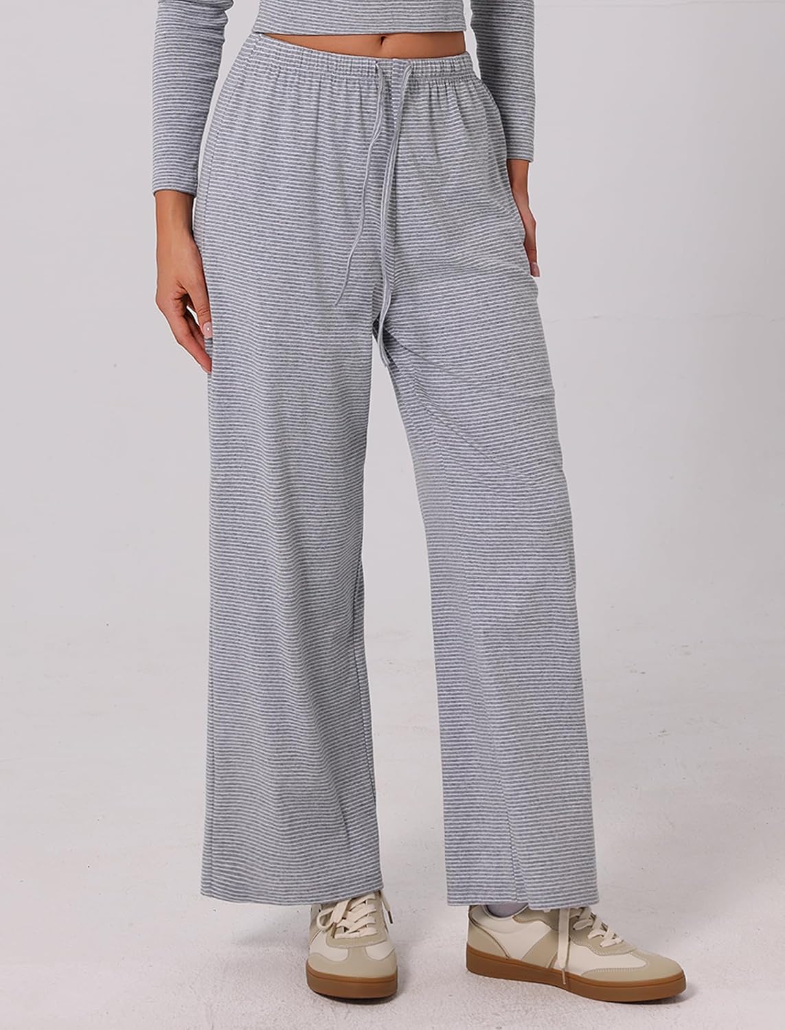 ABOCIW Women's Cotton Striped Wide Leg Pants Casual Drawstring Elastic Low Rise Loung Pants Pajama Trousers