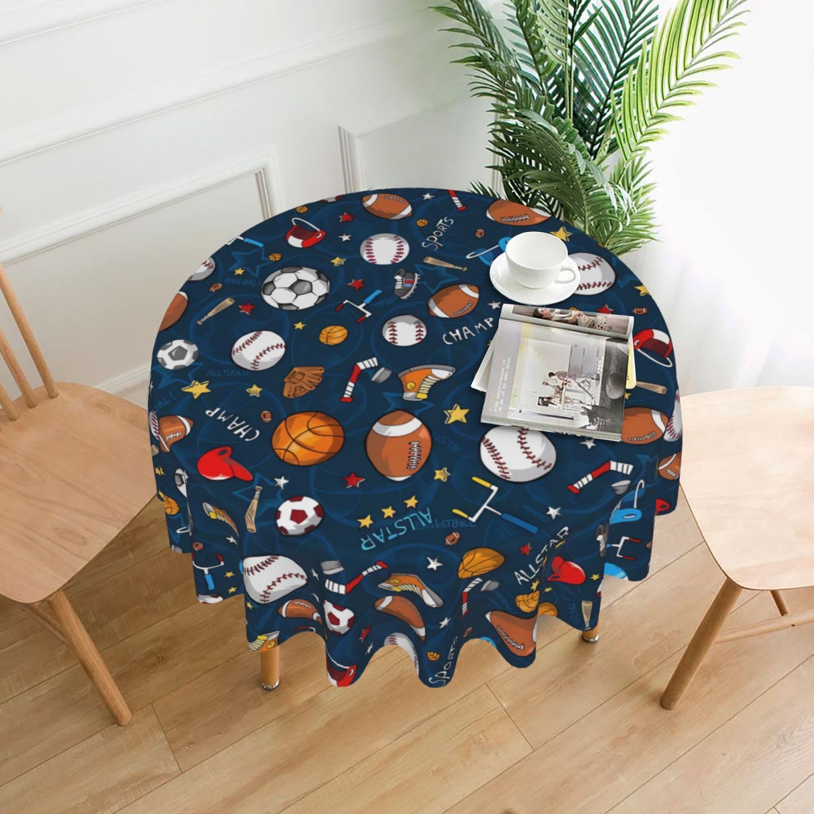HJFCZH Baseball Basketball Football Hockey Prints Round Decorative Table Throw 60 Inch – High-Grade Polyester Fabric, Waterproof & Wrinkle Resistant Table Cover for Dining, Coffee Tables, Parties