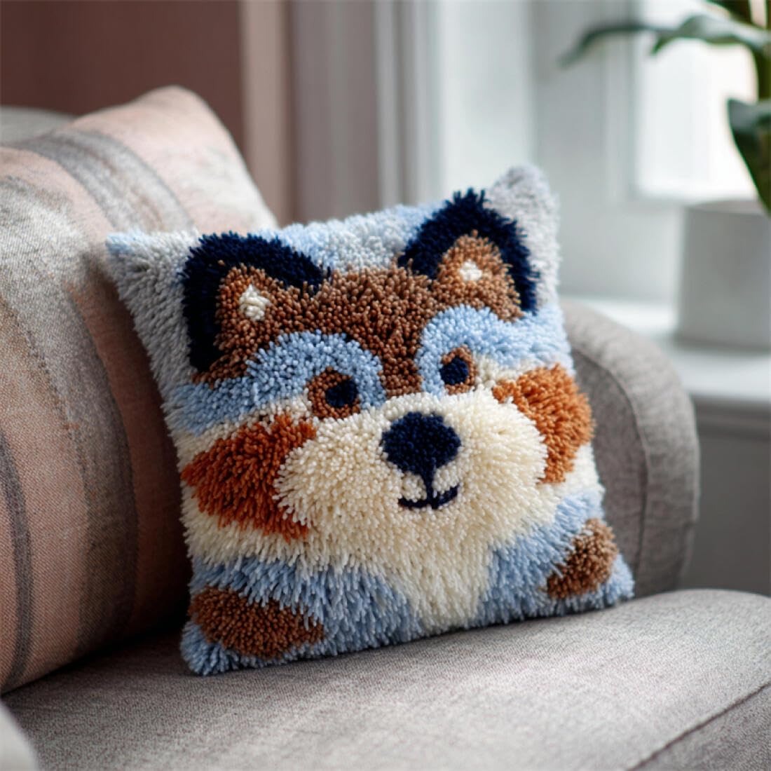 Kitquiver U Animal Latch Hook Cushion Kits Cartoon Wolf Cushion Pillow Front Chunky Cross Stitch Kits Diy Embroidery Needlepoint Kit For Home Décor 17X17in